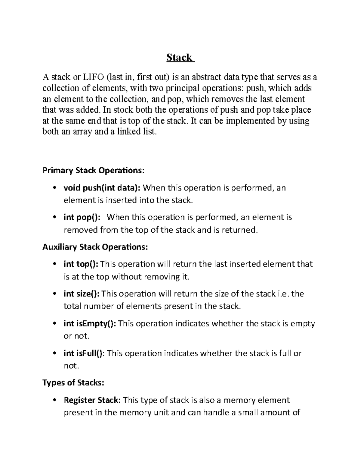 Stack - Stack A stack or LIFO (last in, first out) is an abstract data ...
