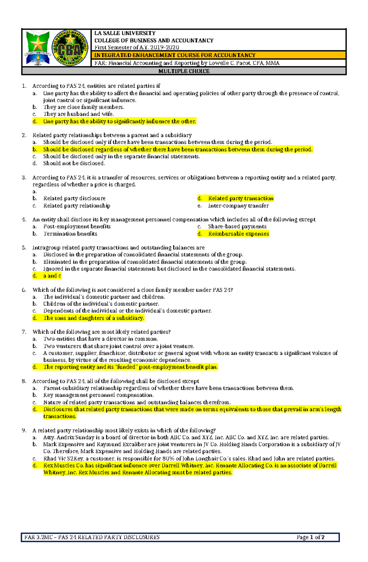 FAR 3.3MC - PAS 24 Related Party Disclosures - LA SALLE UNIVERSITY ...