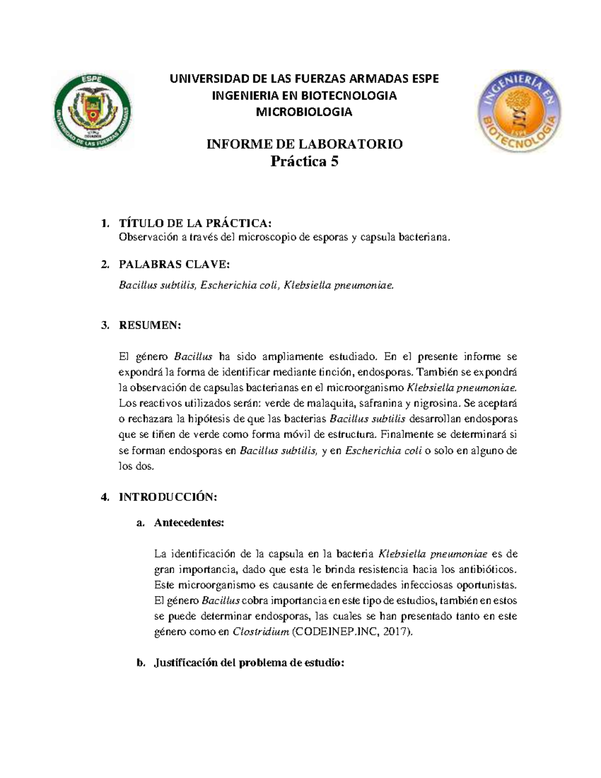 Informe 5 Nota 9 Universidad De Las Fuerzas Armadas Espe Ingenieria En Biotecnologia Studocu