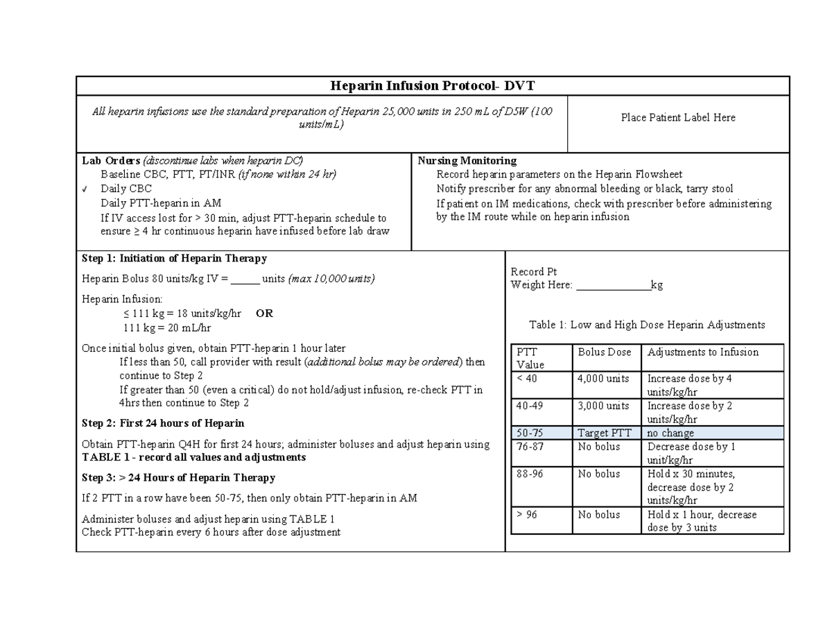 Heparin Infusion Protocol - Studocu