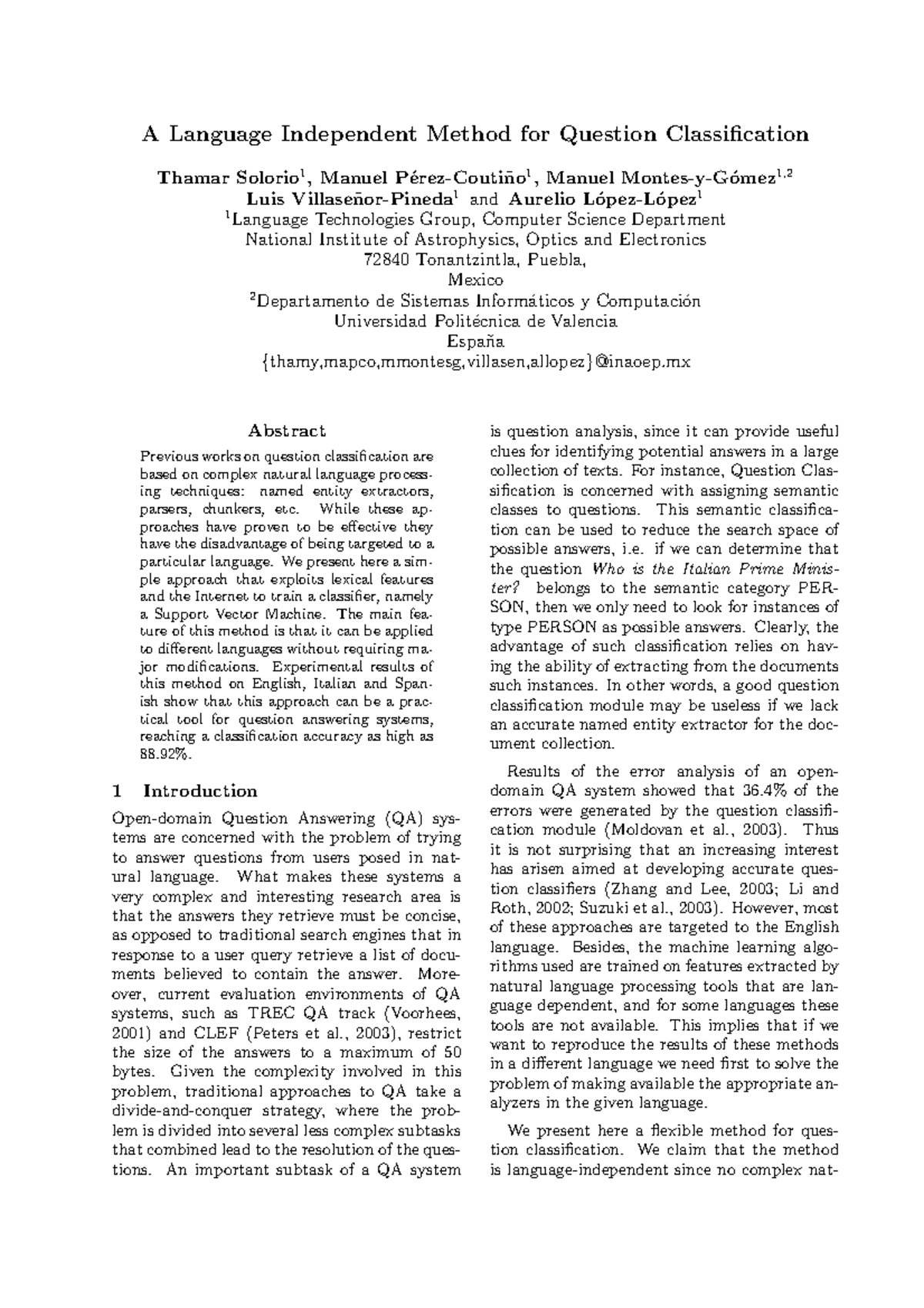 Language Independent Method for Question Classification - While these ...