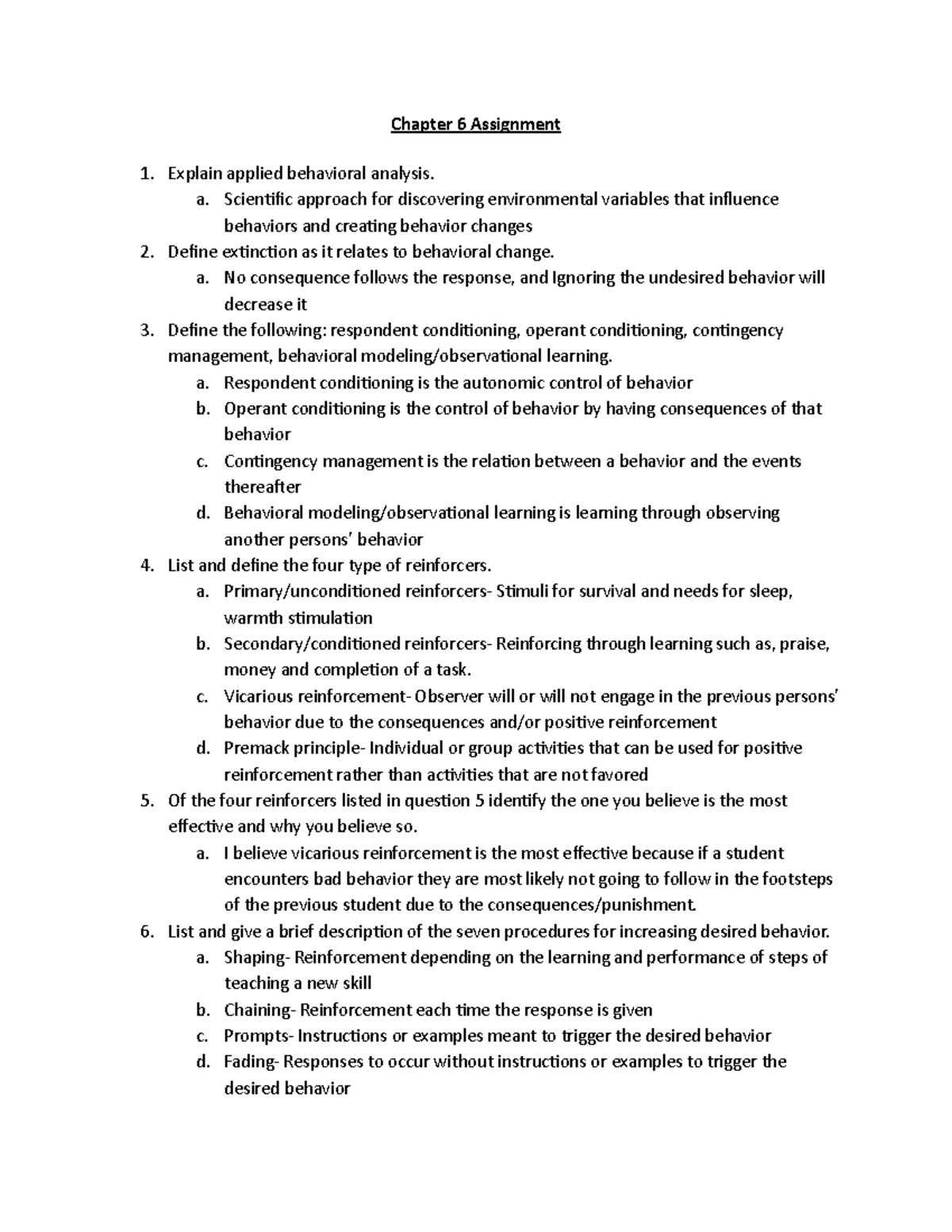 Chapter 6 Assignment - Chapter 6 Assignment Explain applied behavioral ...