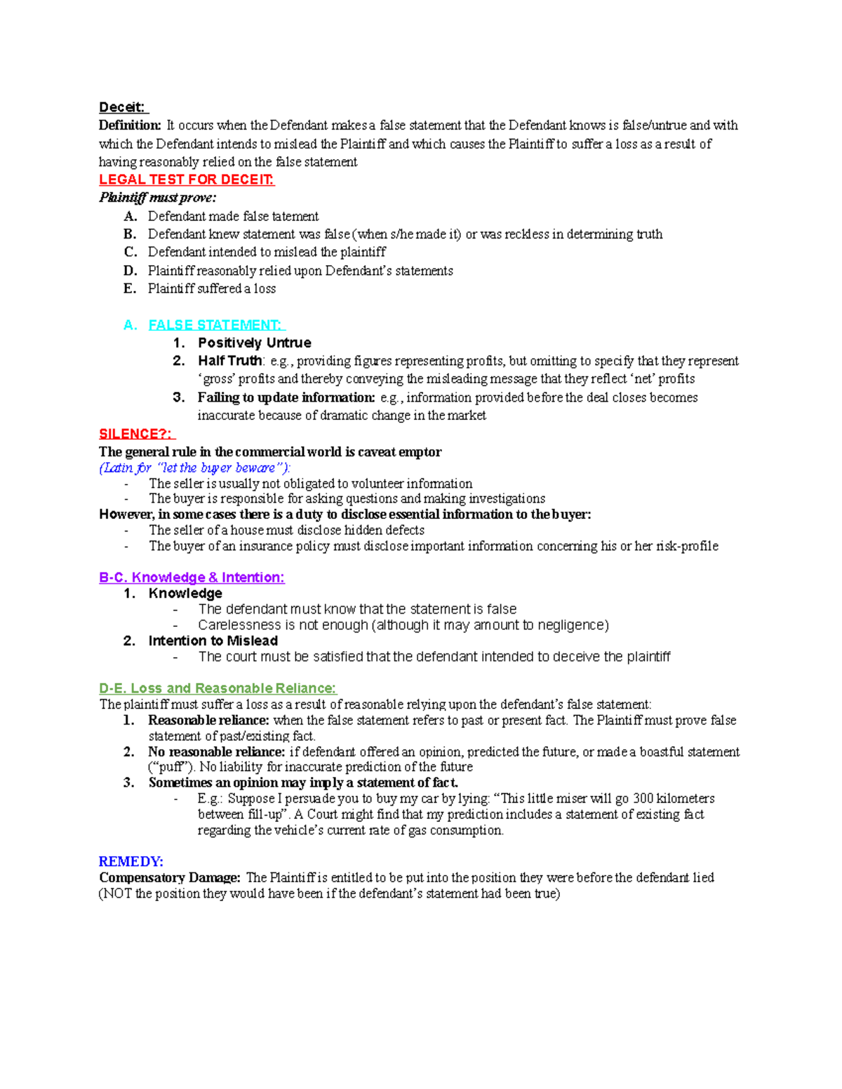 Business Torts Week 2 LAW 122 - Deceit: Definition: It occurs when the ...