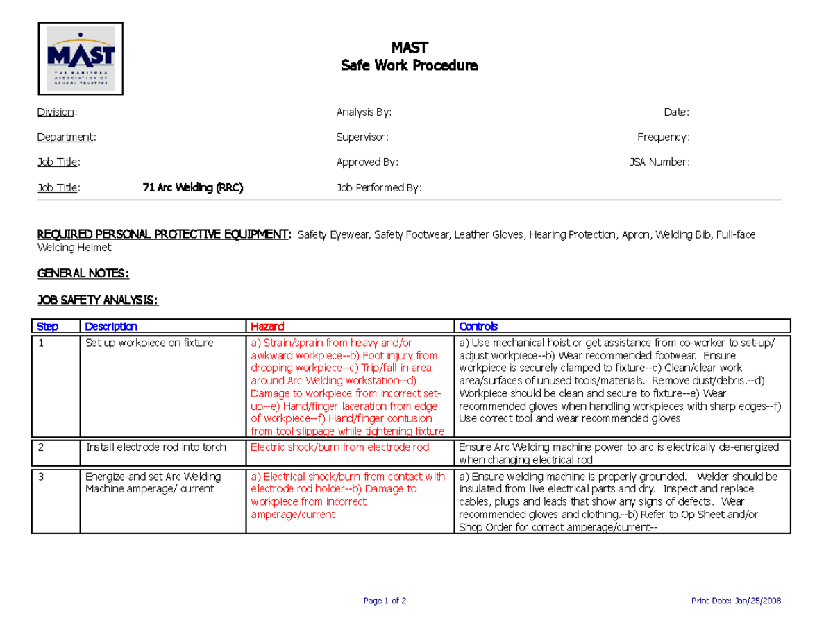 71 Arc Welding JOB Procedure MAST Safe Work Procedure Division