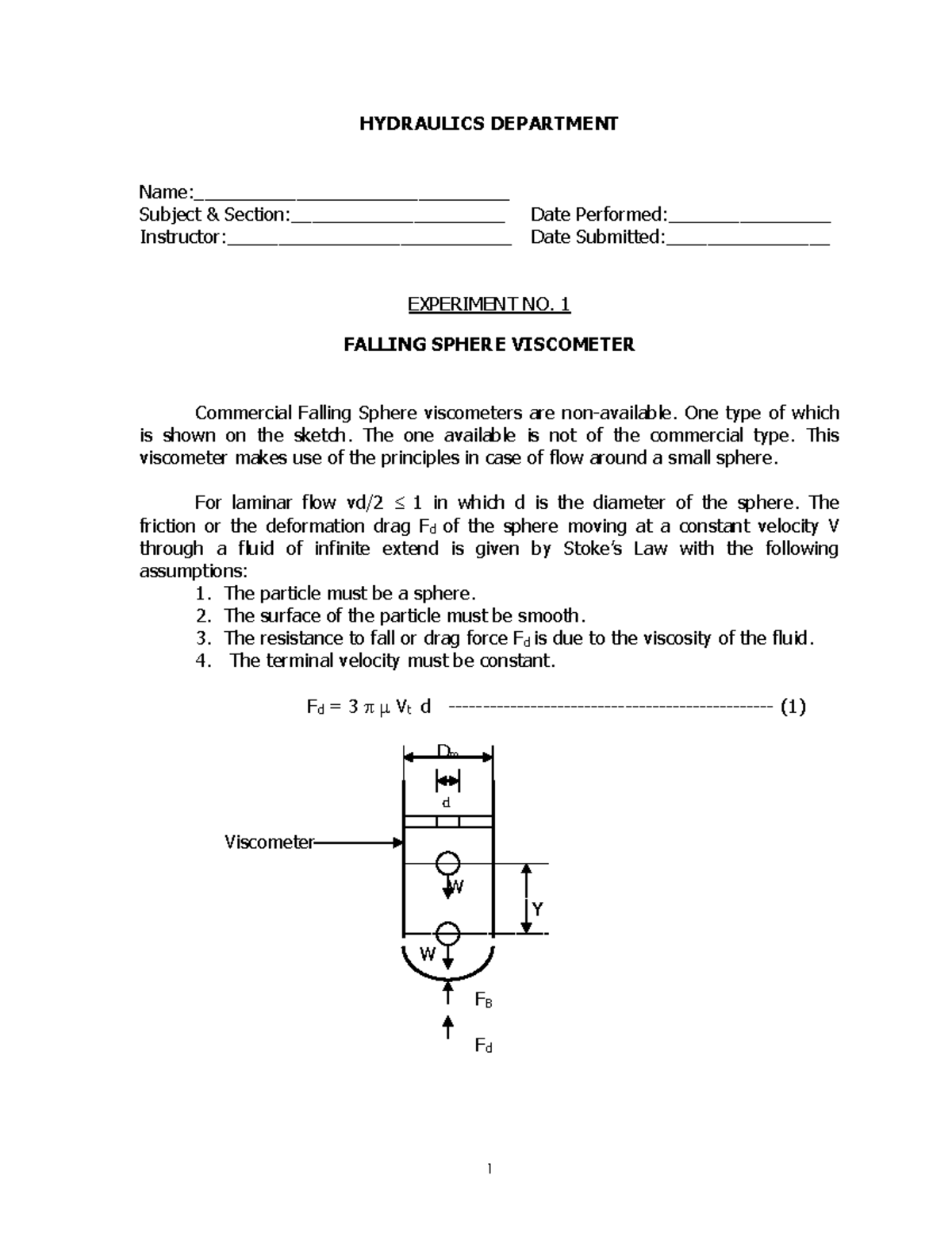 Experiment 1 Falling Sphere (16) HYDRAULICS DEPARTMENT