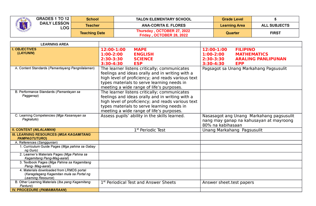 DDL Periodic-TEST - N/A - GRADES 1 TO 12 DAILY LESSON LOG School TALON ...