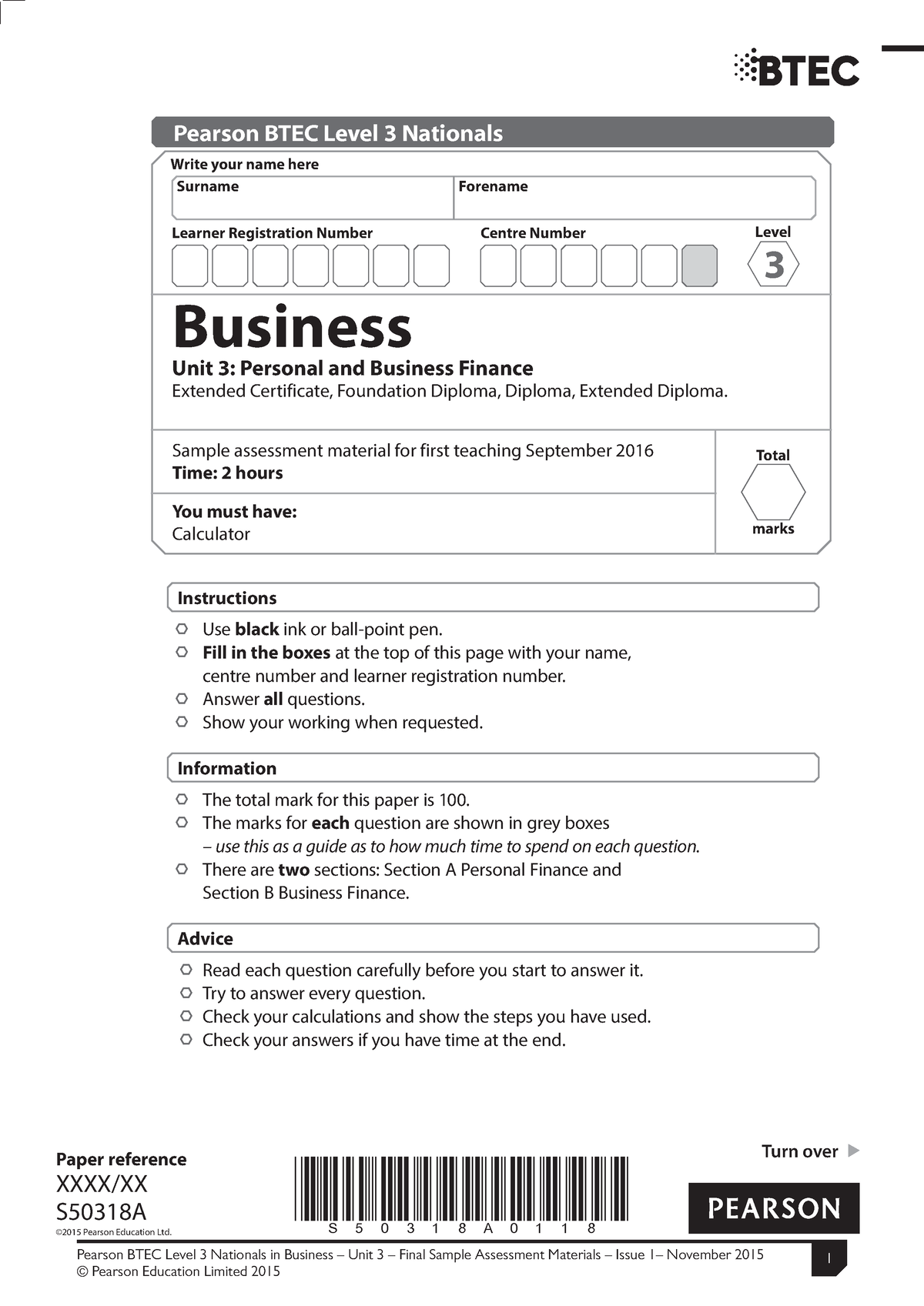 Sample assessment material Unit 3 Personal and Business Finance - Turn ...