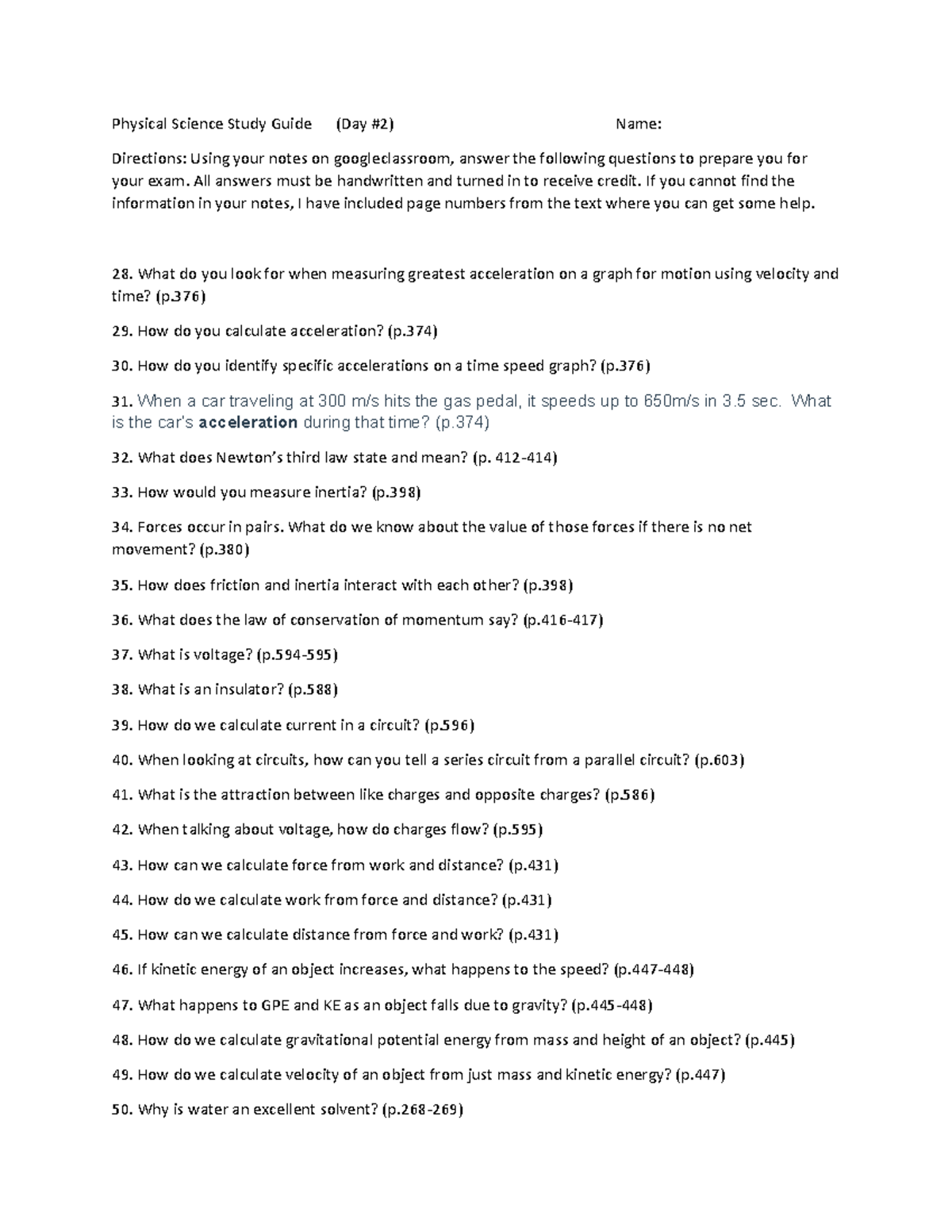 Grace Lollis PS exam review 2 Physical Science Study Guide (Day 2) Name Directions Using