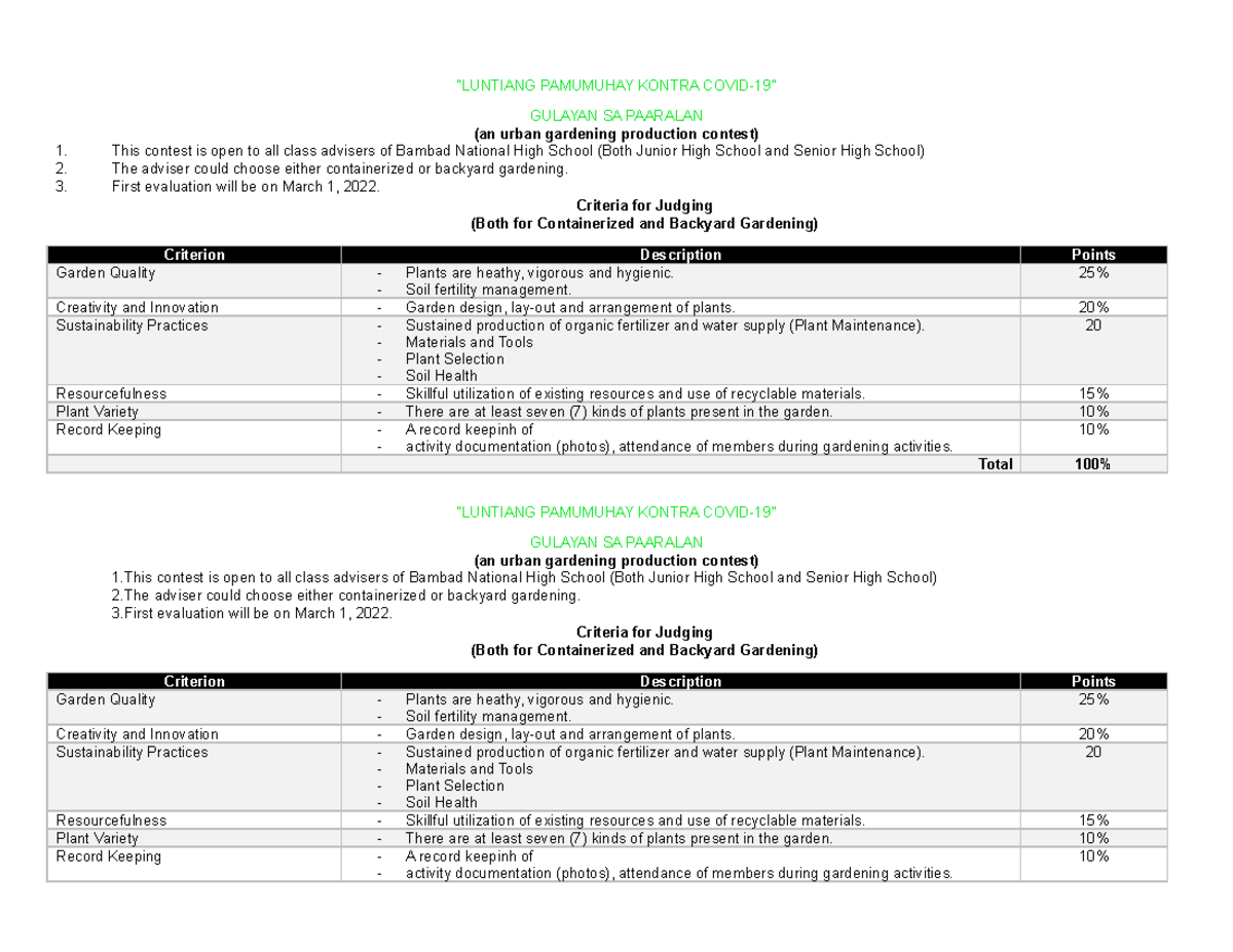 Criteria “LUNTIANG PAMUMUHAY KONTRA COVID19” GULAYAN SA PAARALAN (an