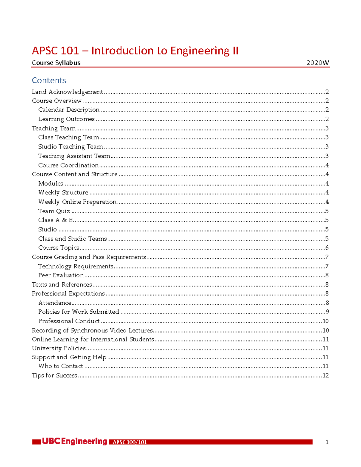 APSC101-Syllabus - syllabus - APSC 101 – Introduction to Engineering II ...