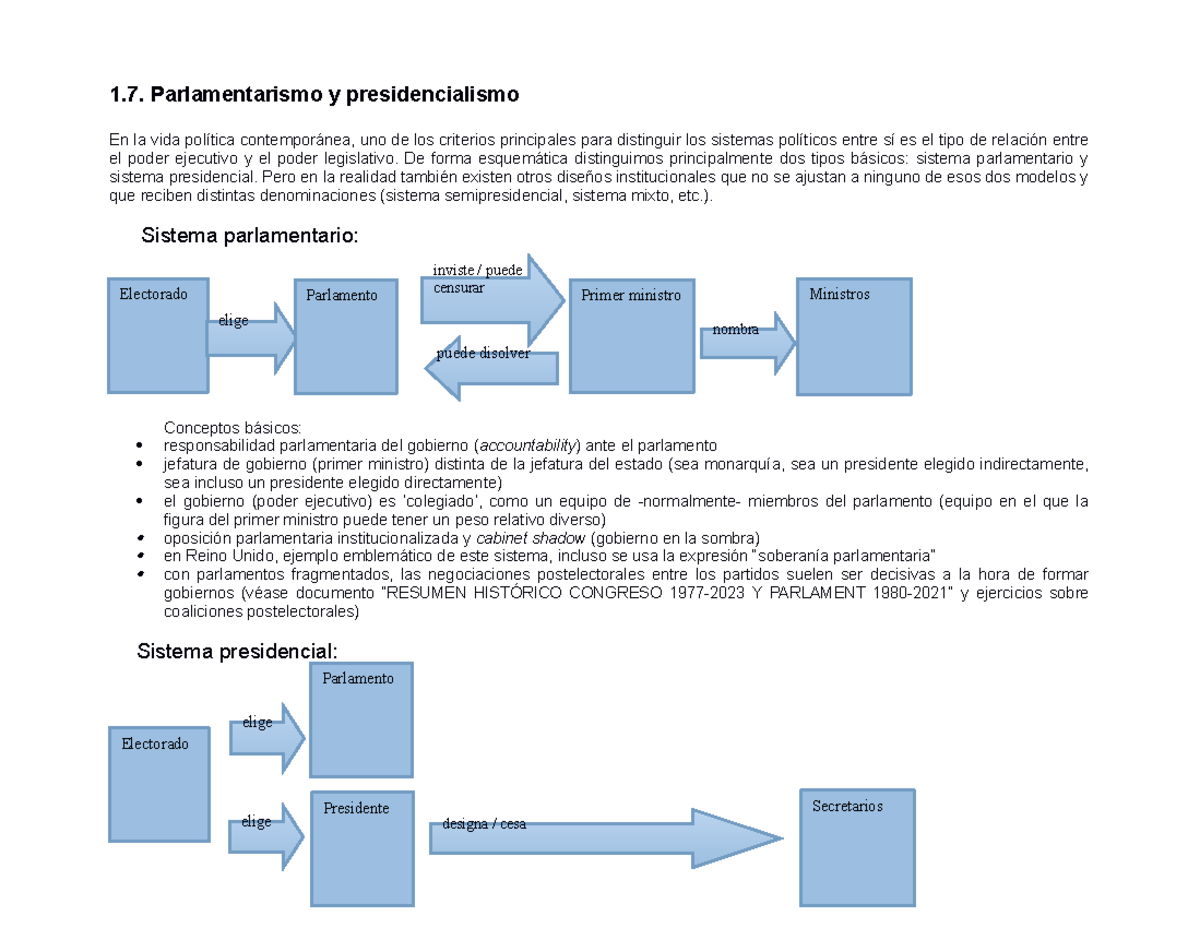 1.7. Parlamentarismo Y Presidencialismo - 1. Parlamentarismo Y ...