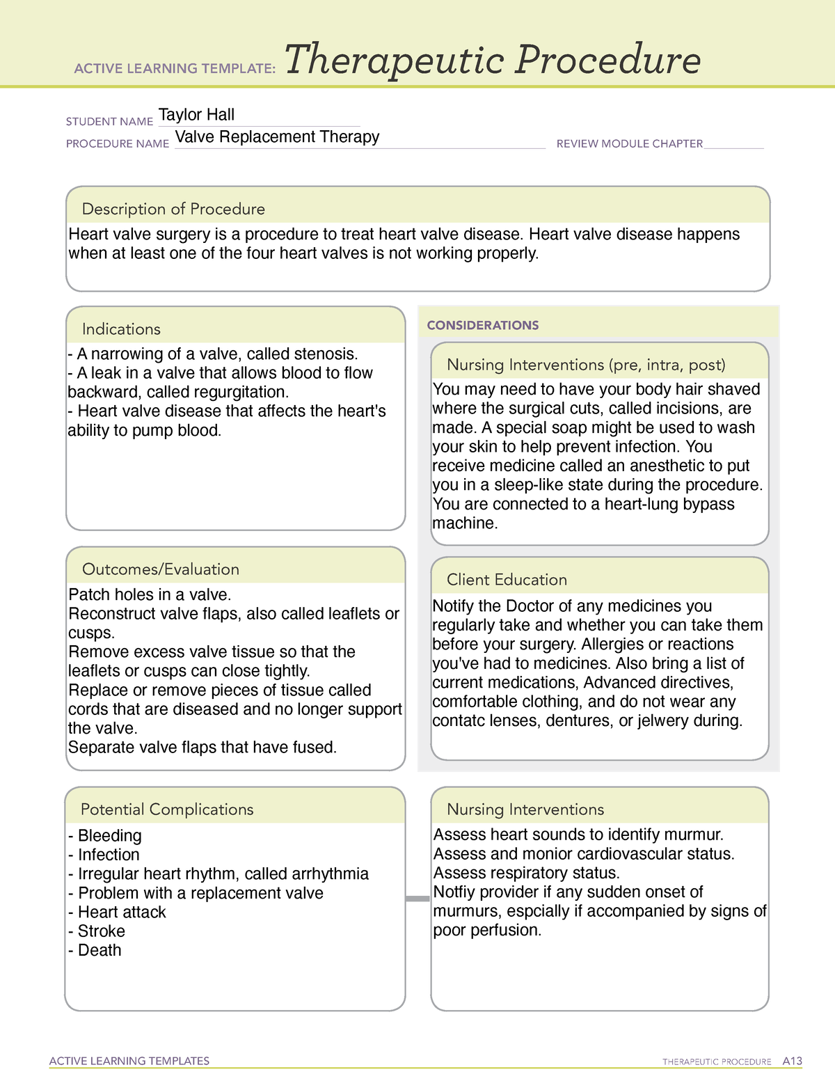 Active Learning Template Therapeutic Procedure Valve Replacement ...