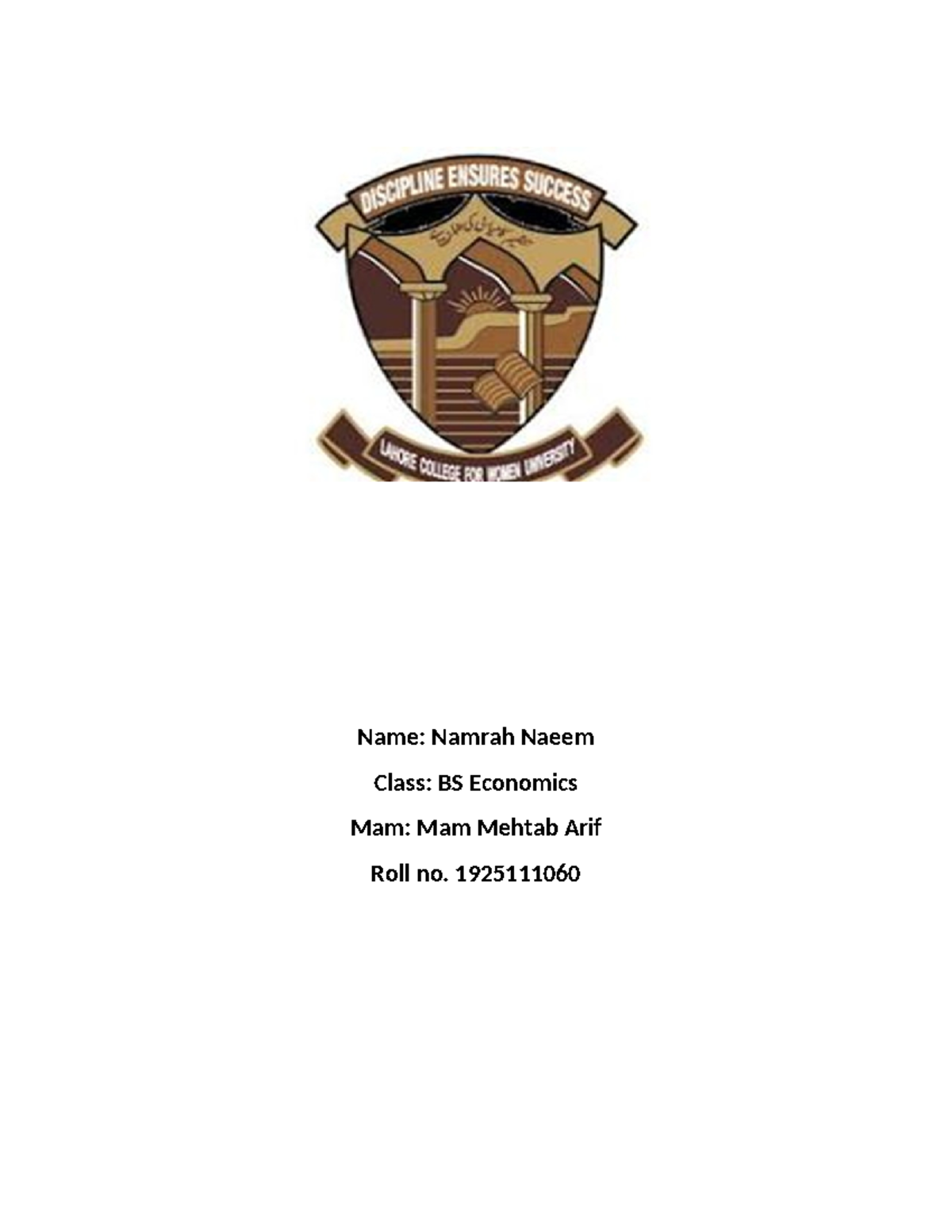 International assignment - Name: Namrah Naeem Class: BS Economics Mam ...