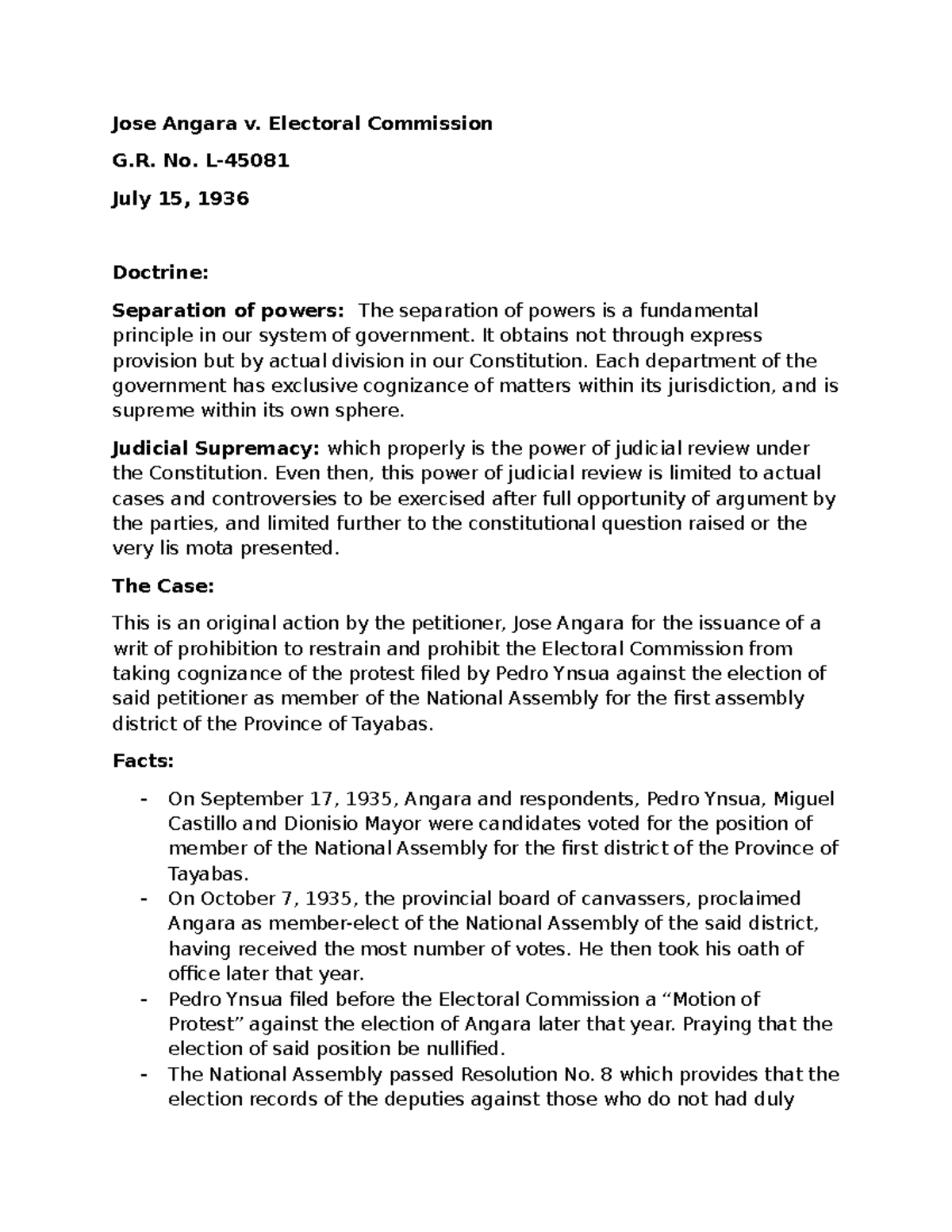 10 Angara v. Electoral Commission Lim - Jose Angara v. Electoral ...