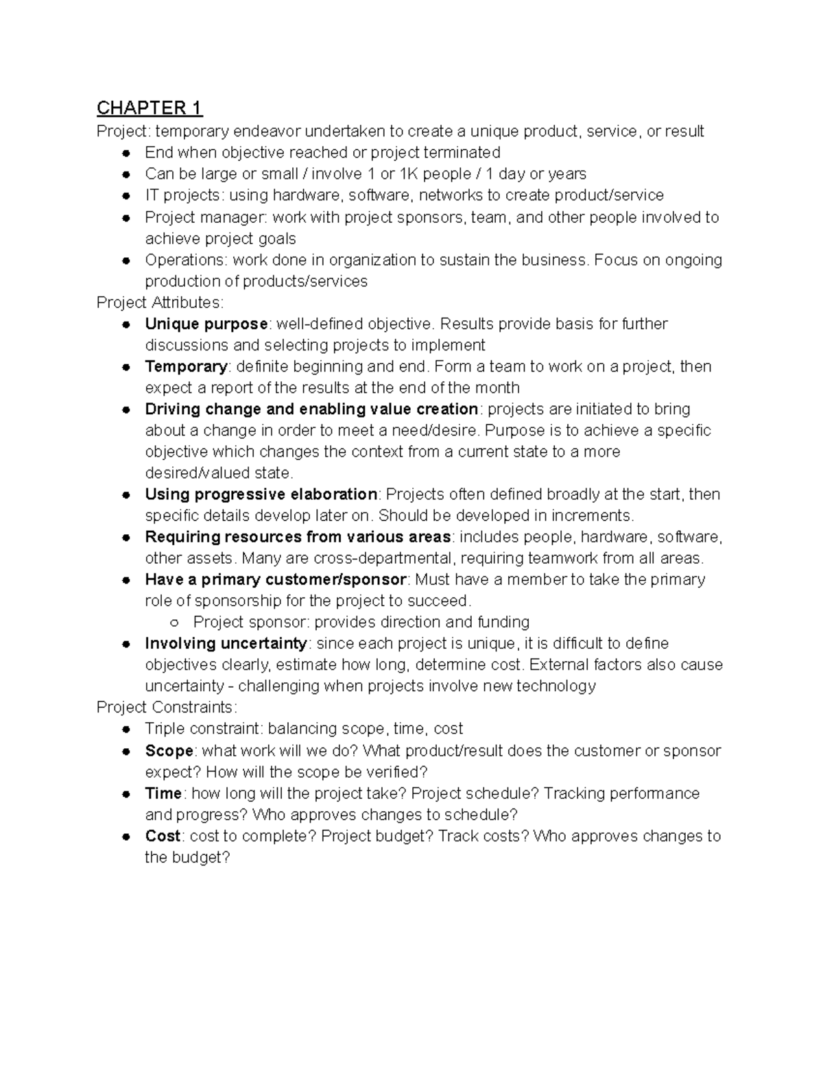 Exam 2 study guide - N/A - CHAPTER 1 Project: temporary endeavor ...