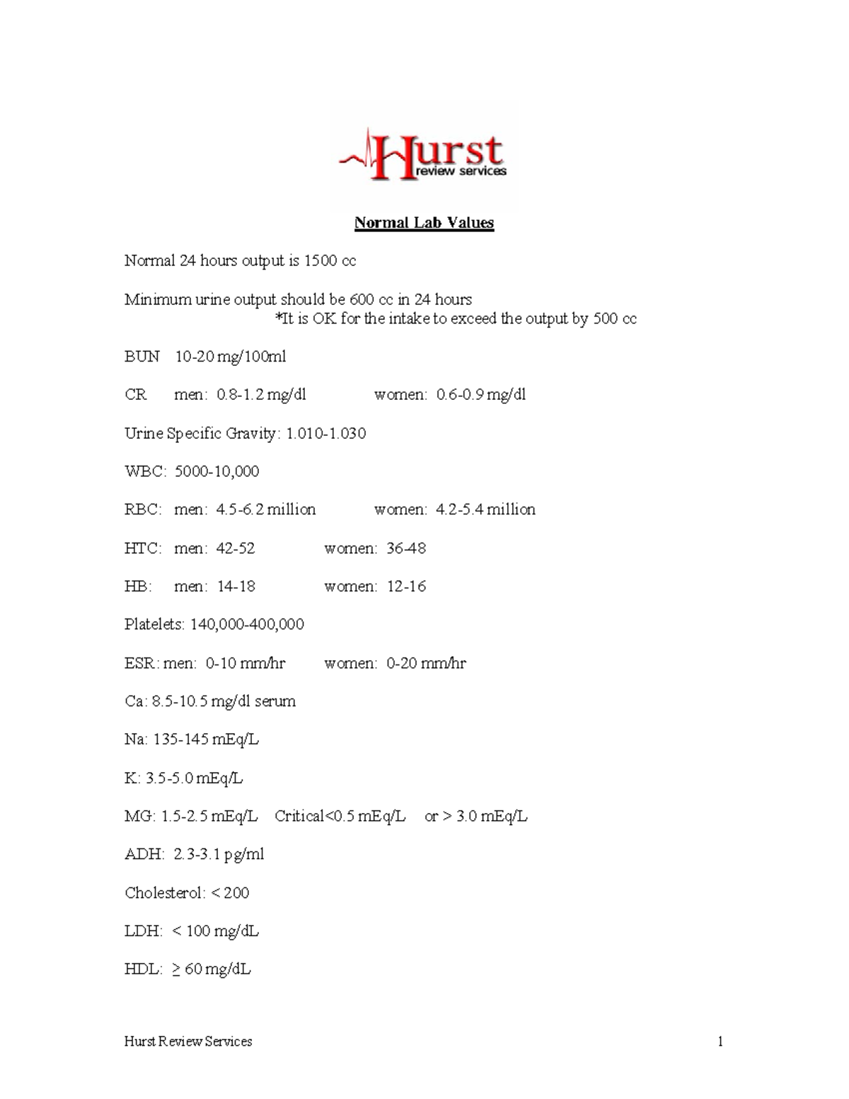 Normal Lab Values Normal Lab Values Normal 24 hours output is 1500 cc