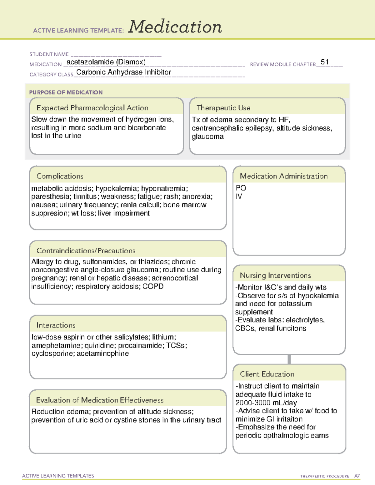 Medication Drug card - ACTIVE LEARNING TEMPLATES TherapeuTic procedure ...