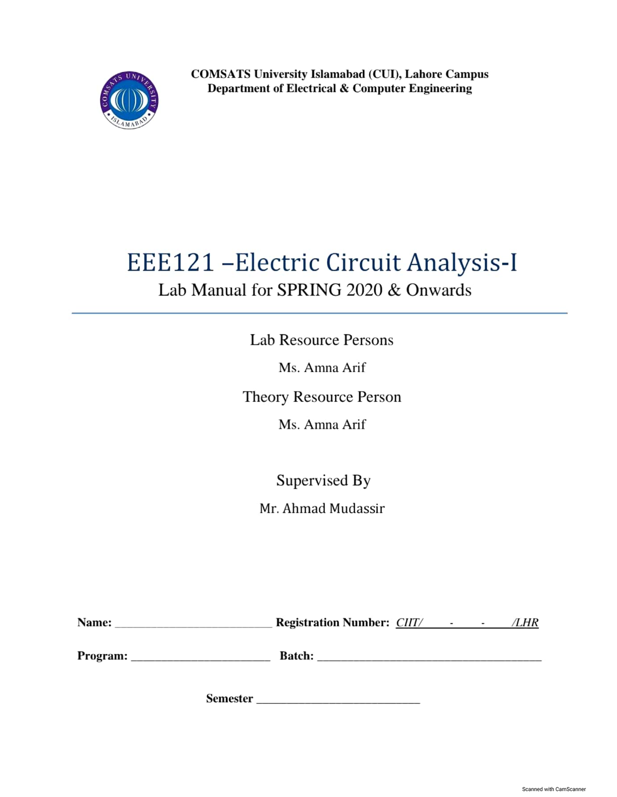 Electric Circuit Analysis Lab Manual Studocu
