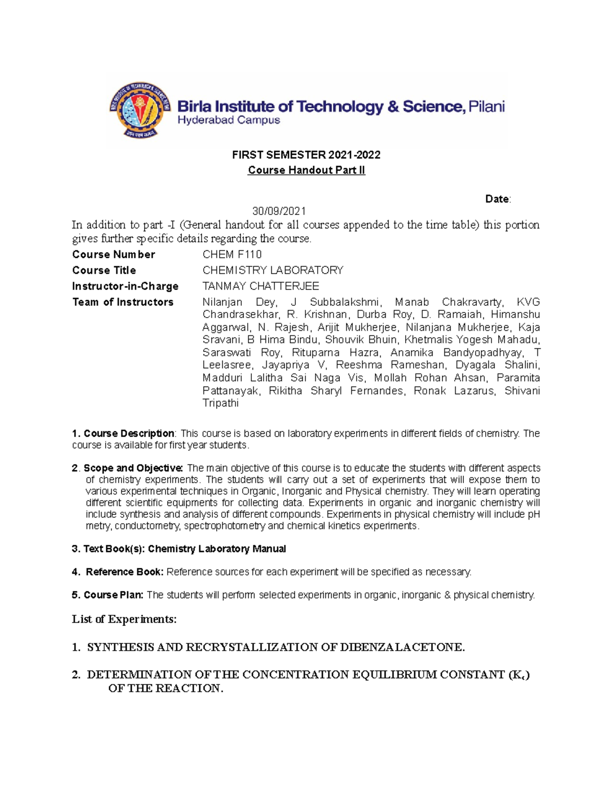CHEM F110-handout Year 2021 - FIRST SEMESTER 2021- Course Handout Part ...