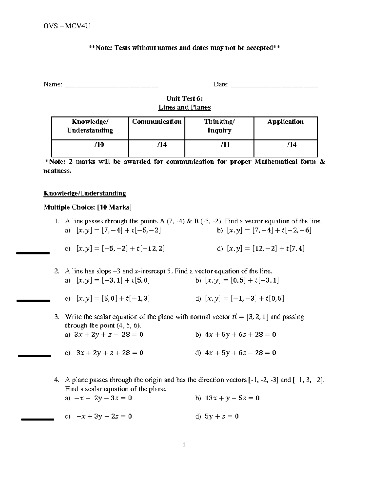 UNIT 6 Lines AND Planes - Note: Tests without names and dates may not ...