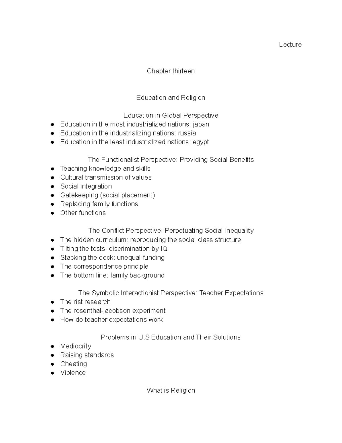 Sociology ch13 - Lecture Chapter thirteen Education and Religion ...