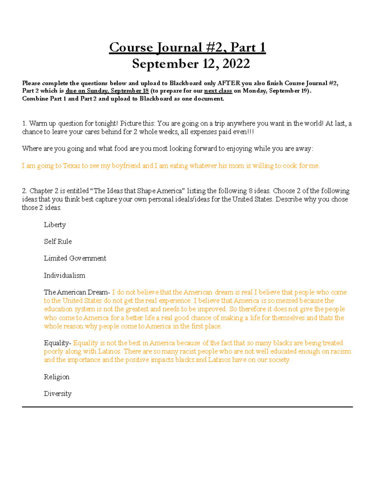 Course Journal 2, Course Journal 2, Part 1 September 12, 2022