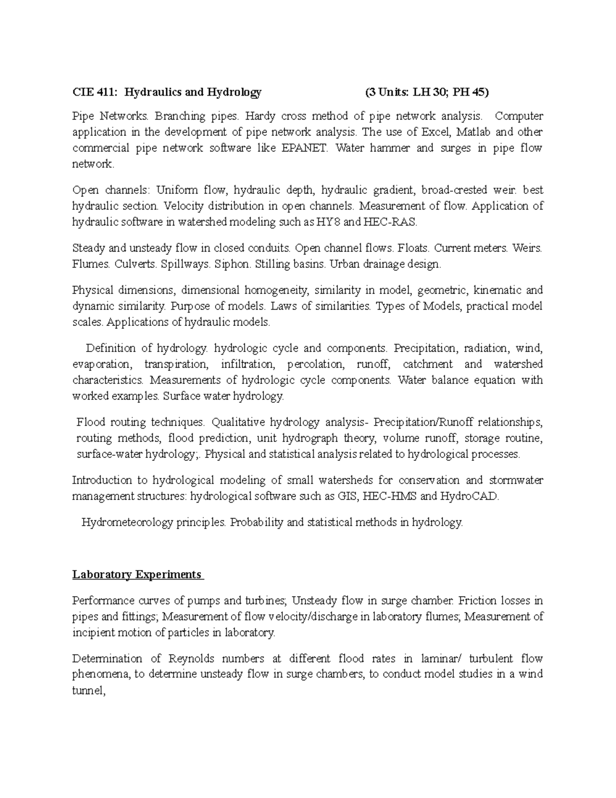 CIE 411 course outline Hydraulics CIE 411 Hydraulics and Hydrology