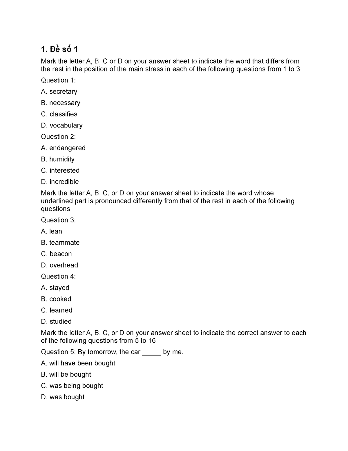 G10-Sem2-1+2 - AAAAAAAAAAAAAAAAAAAAAA - 1. Đề Số 1 Mark The Letter A, B ...