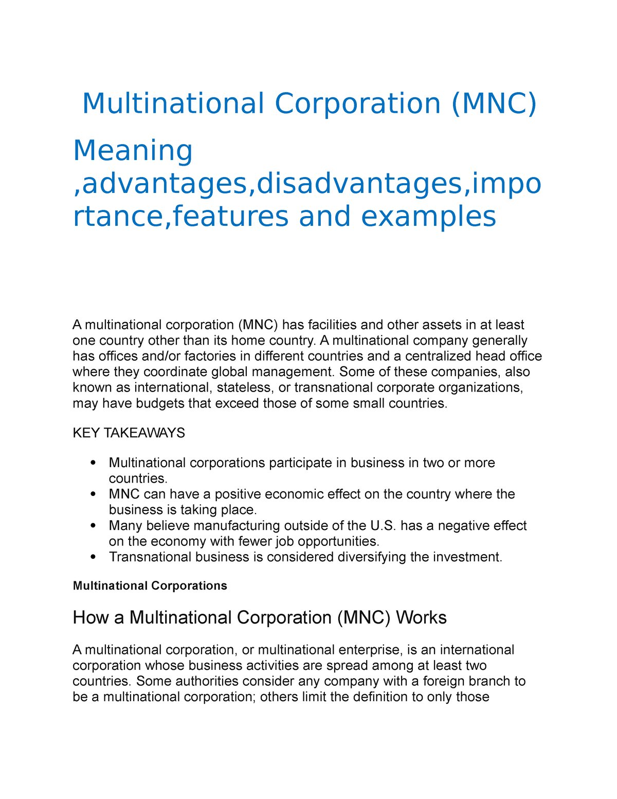 advantages and disadvantages of multinational corporations