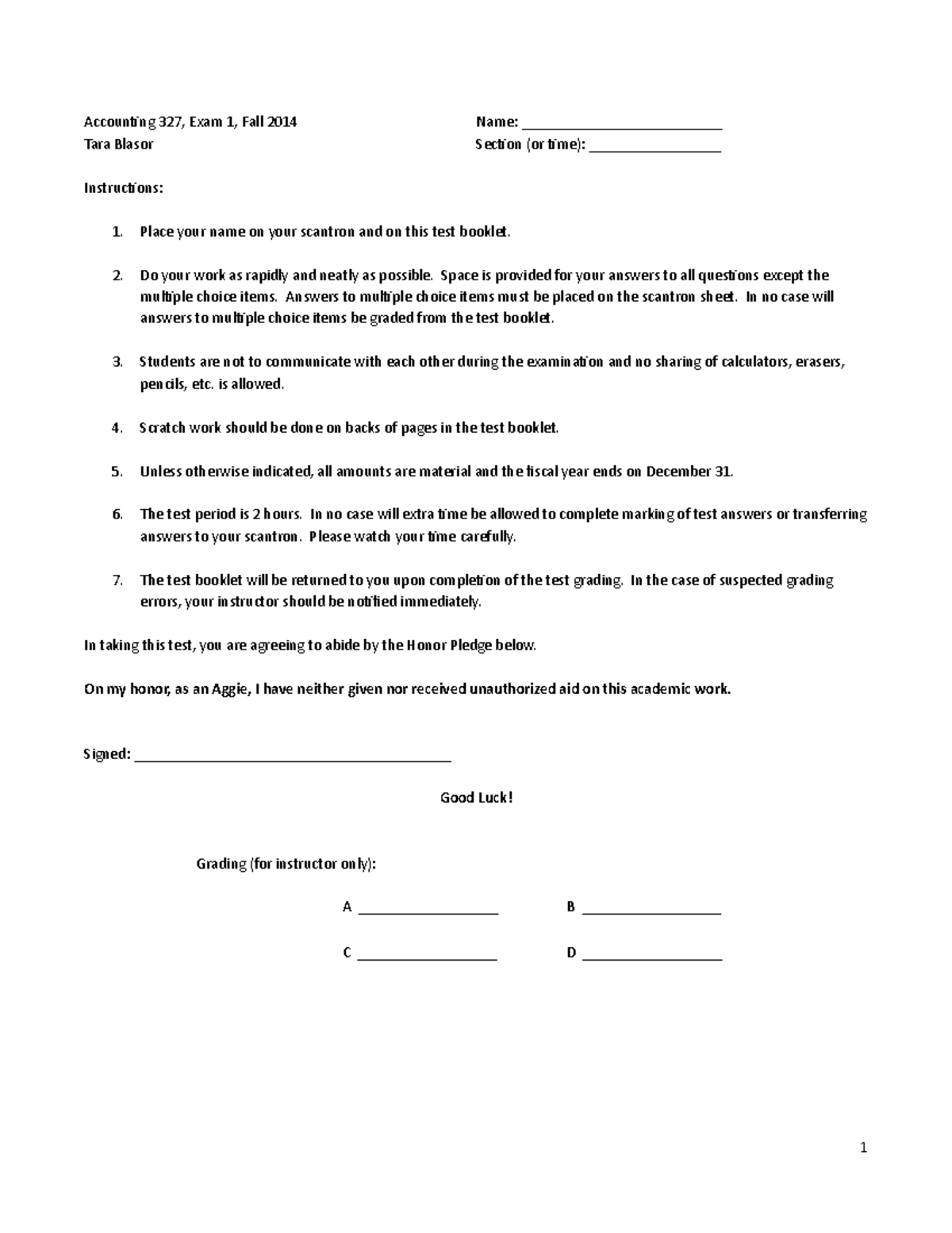 ACCT 327 Practice Exam 1 #2 Blank - Accounting 327, Exam 1, Fall 2014 ...