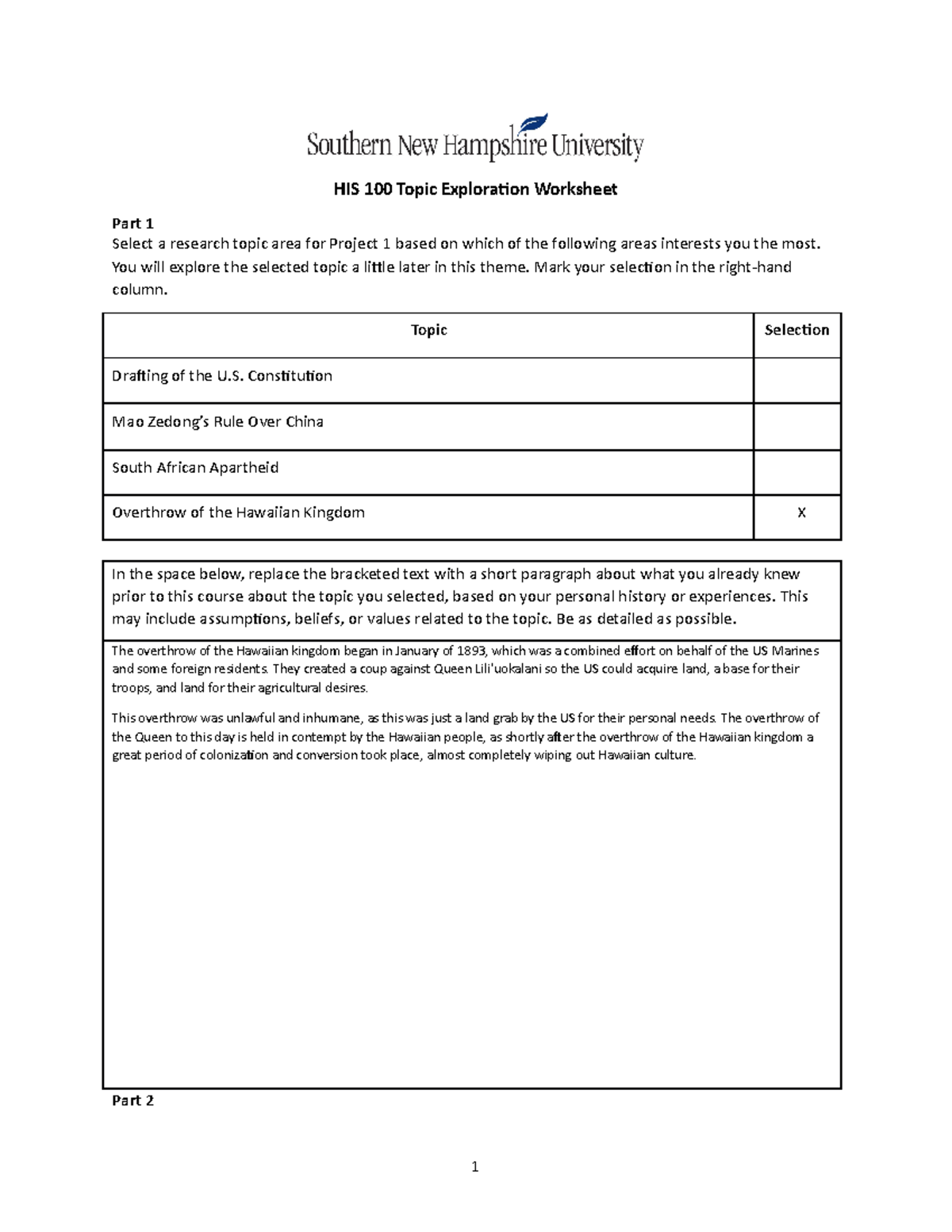 HIS 100 Topic Exploration Worksheet - HIS100 - SNHU - Studocu