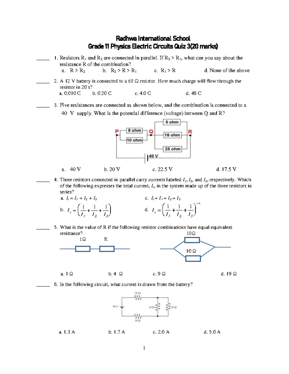 G11 Quiz 4 Electric circuits student Radhwa International School