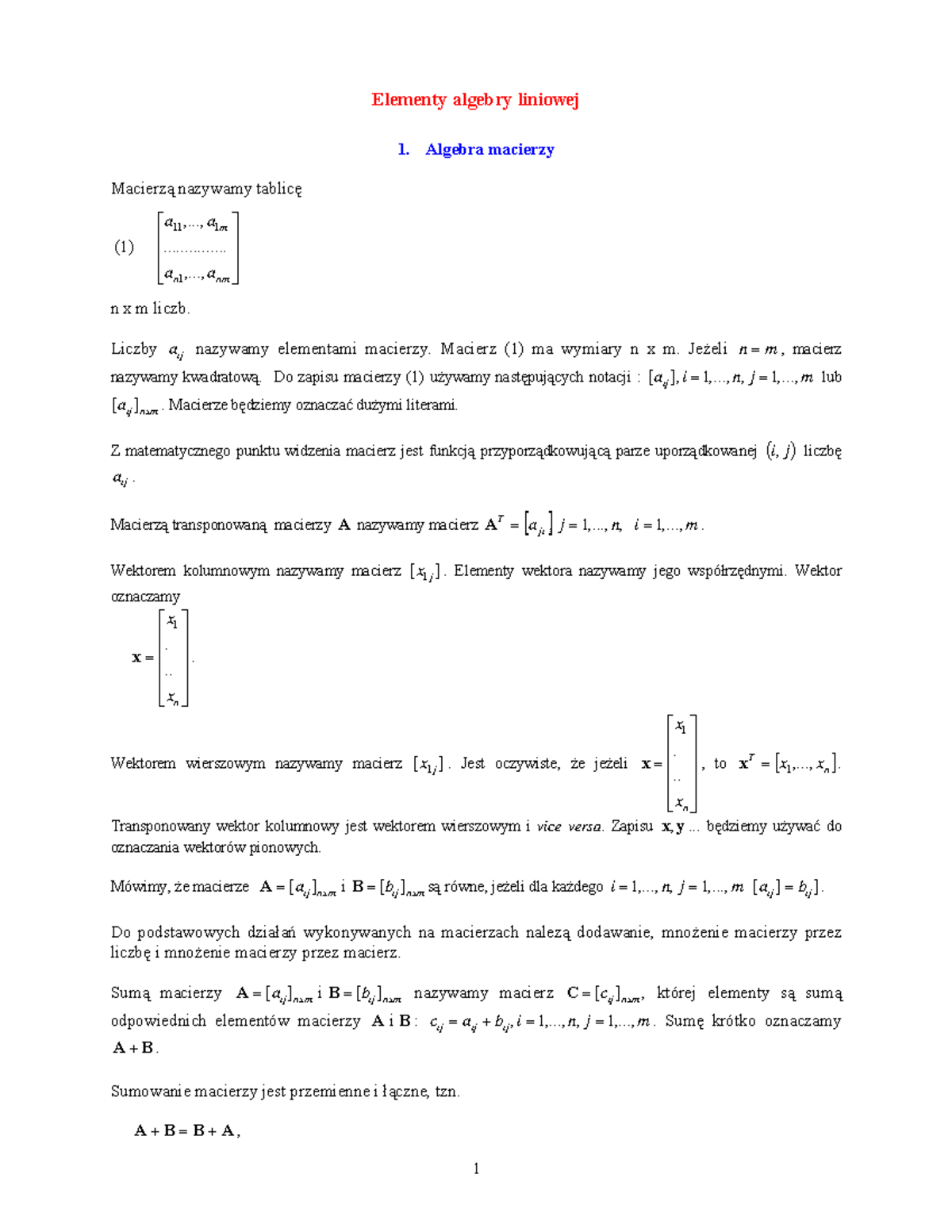 Algebra liniowa- wszystko - Elementy algebry liniowej 1. Algebra ...