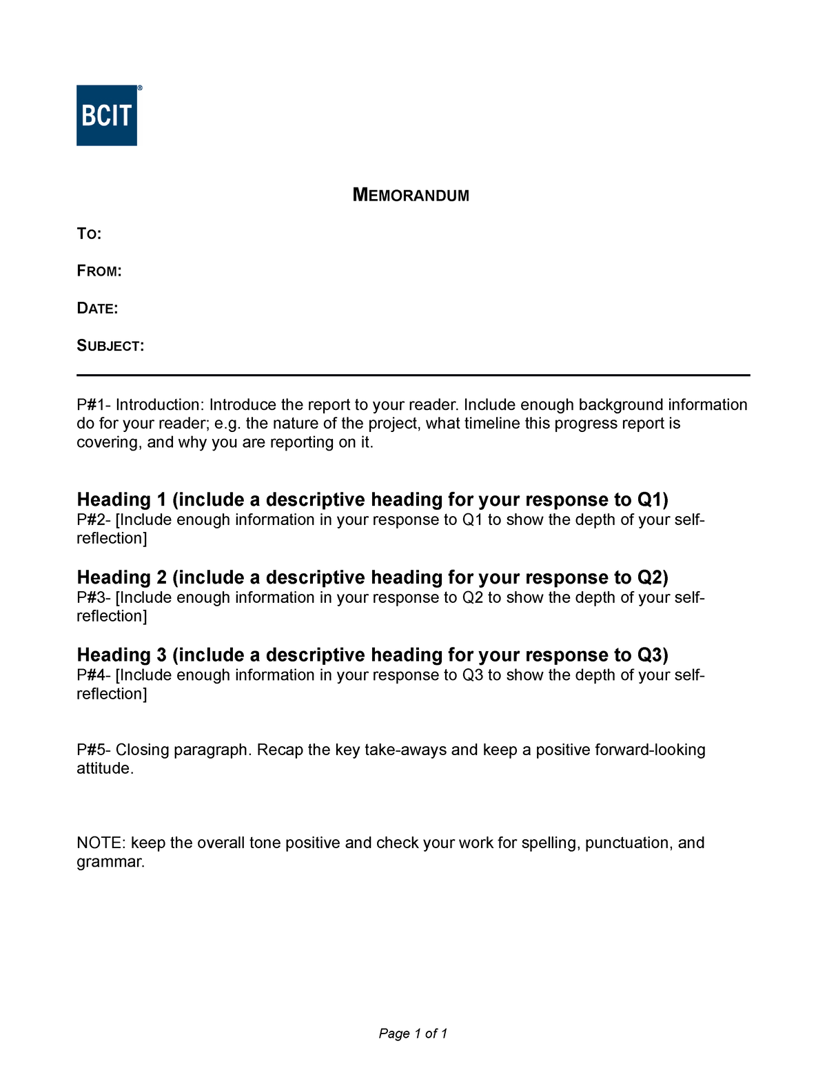 COMM 2200 Progress Report Memo Template MEMORANDUM TO FROM DATE