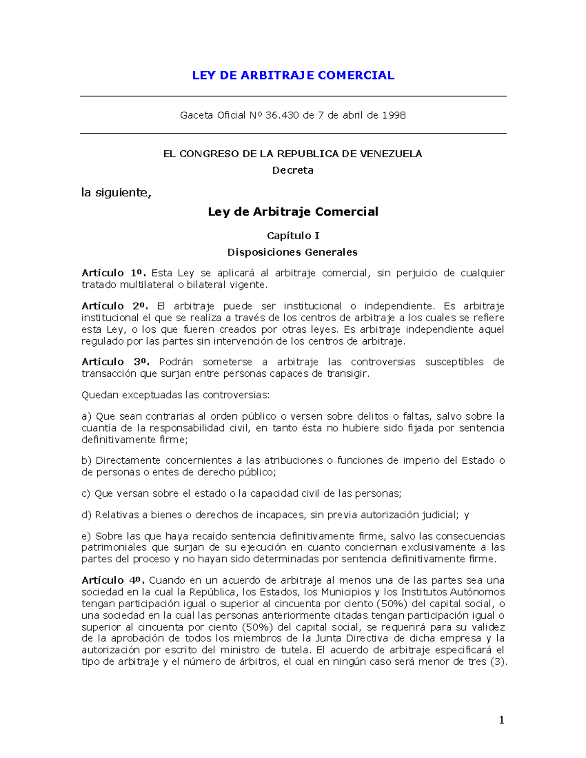 LEY Arbitraje Comercial - LEY DE ARBITRAJE COMERCIAL Gaceta Oficial N∫ ...