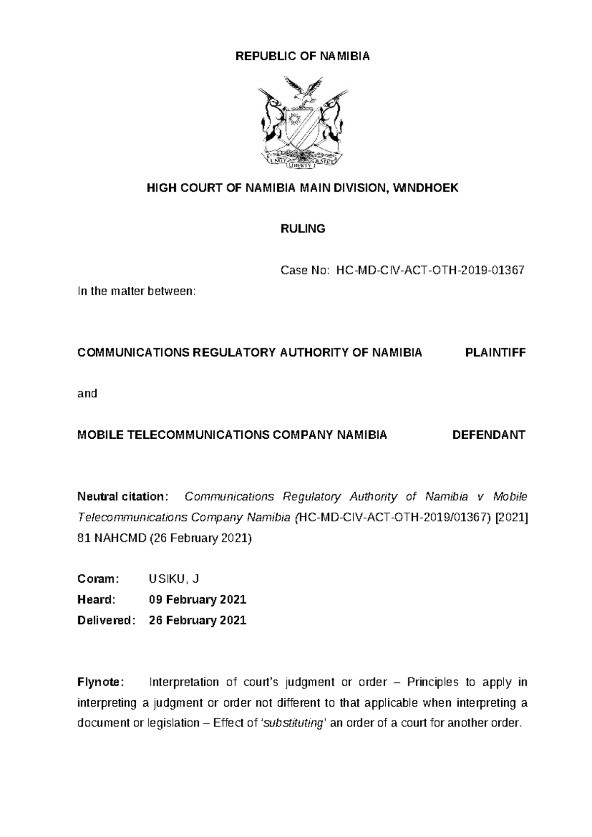 Communications Regulatory Authority of Namibia v Mobile ...