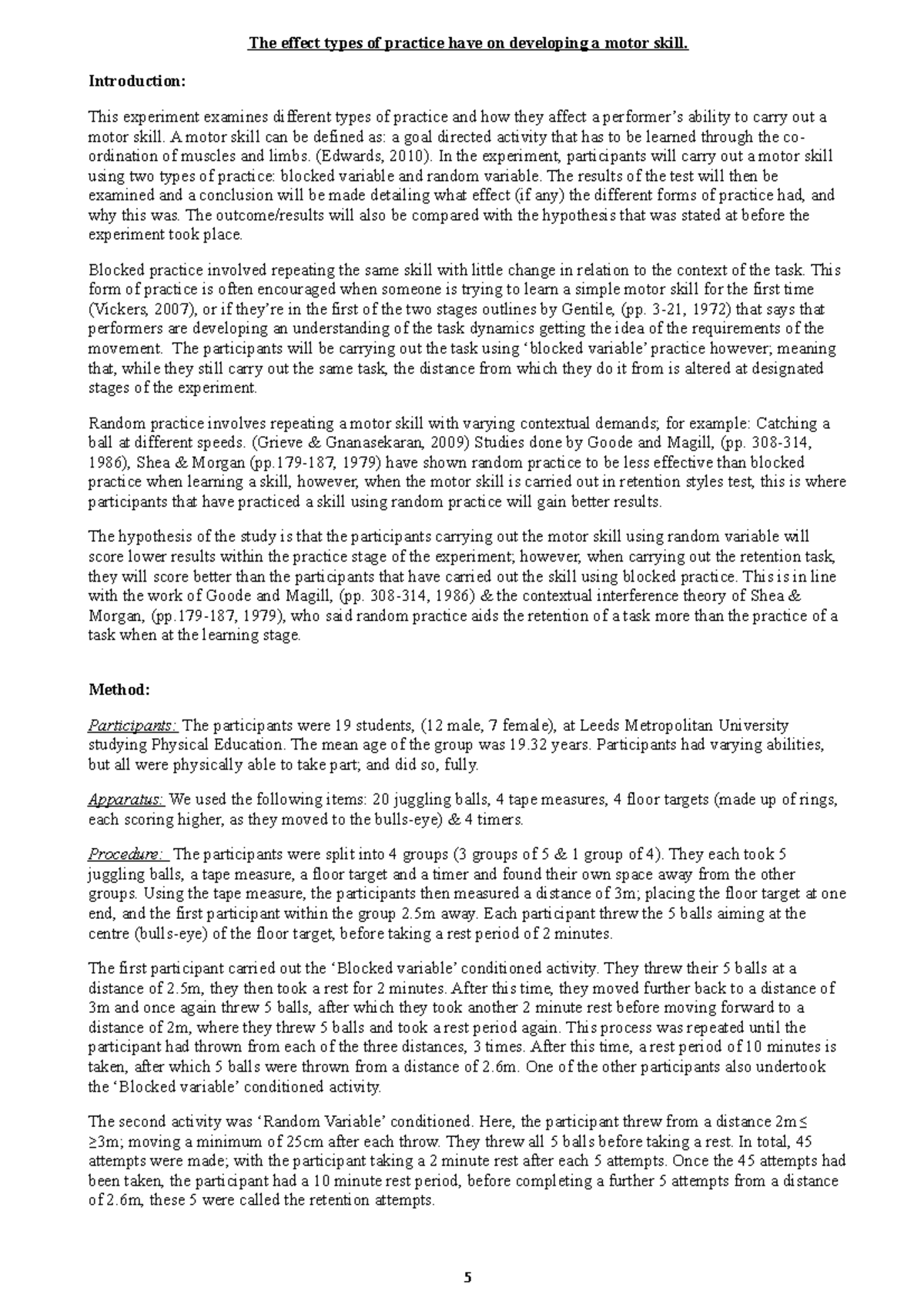 Throwing Lab Report - Grade: 72 - The effect types of practice have on ...