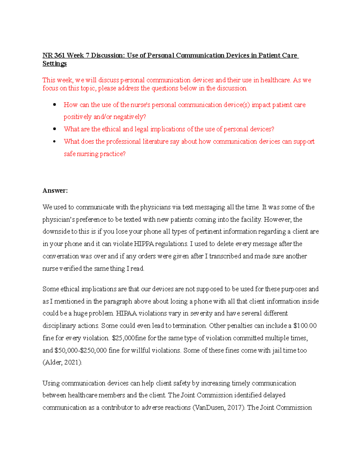 NR 361 Week 7 Discussion Use of Personal Communication Devices in
