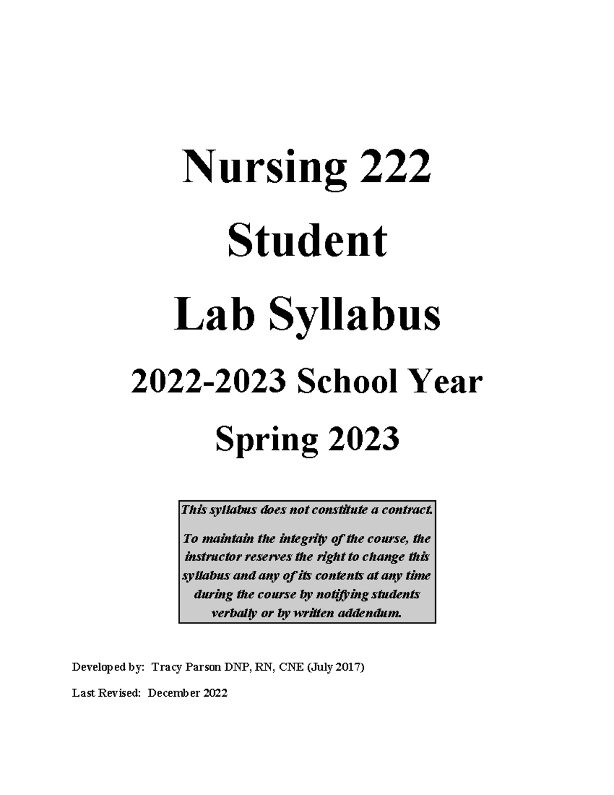 NURS 222 Lab Syllabus Spring 2023 Nursing 222 Student Lab Syllabus