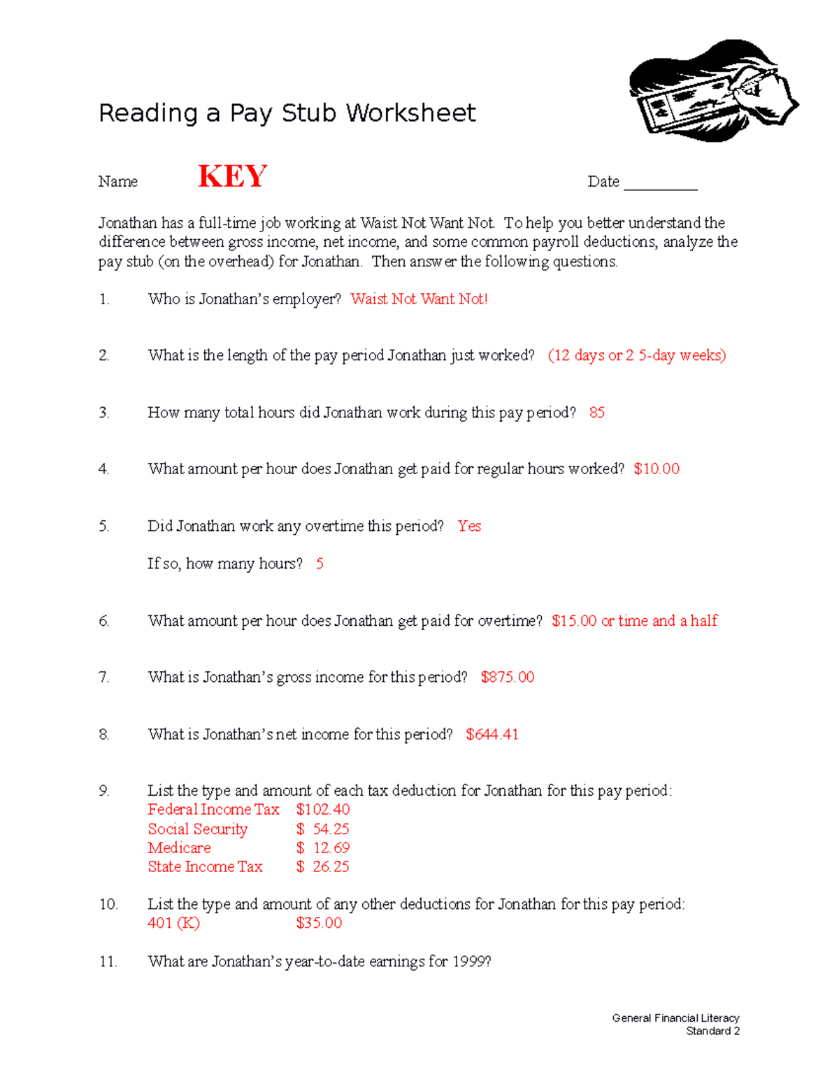 ST 2 Reading a Pay Stub Worksheet KEY Reading a Pay Stub Worksheet Name KEY Date