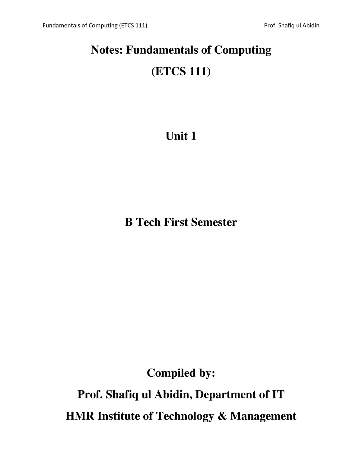 ETCS 111 Note - Notes: Fundamentals Of Computing (ETCS 111) Unit 1 B ...