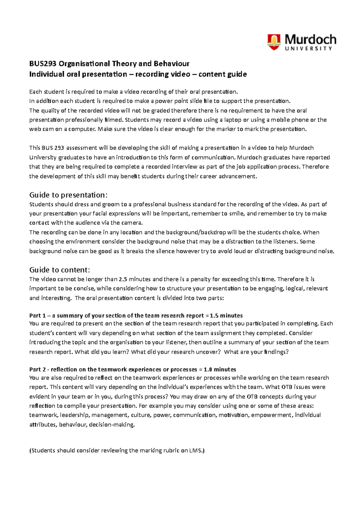 Individual Oral Presentation Guide 2017 BUS293 Organisational Theory