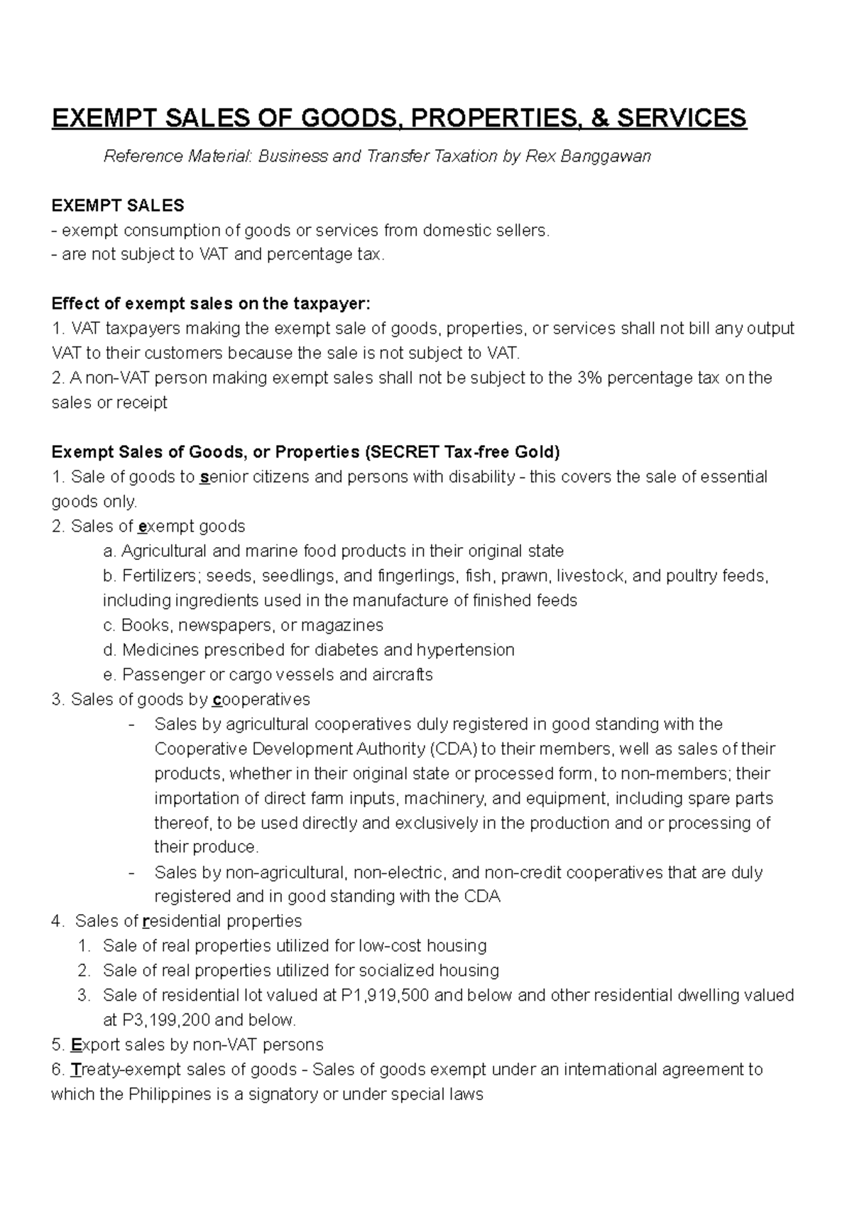 Exempt Sales of Goods, Properties, and Services EXEMPT SALES OF GOODS