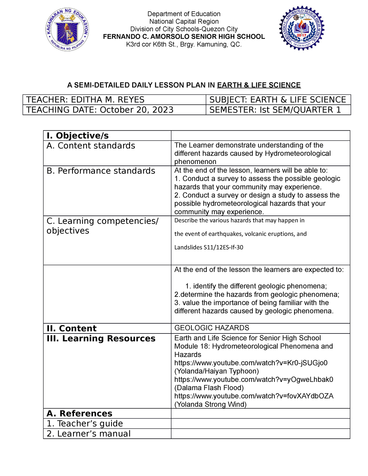 Lesson PLAN FOR Observation Template Q1 OCT. 2023 - A SEMI-DETAILED ...