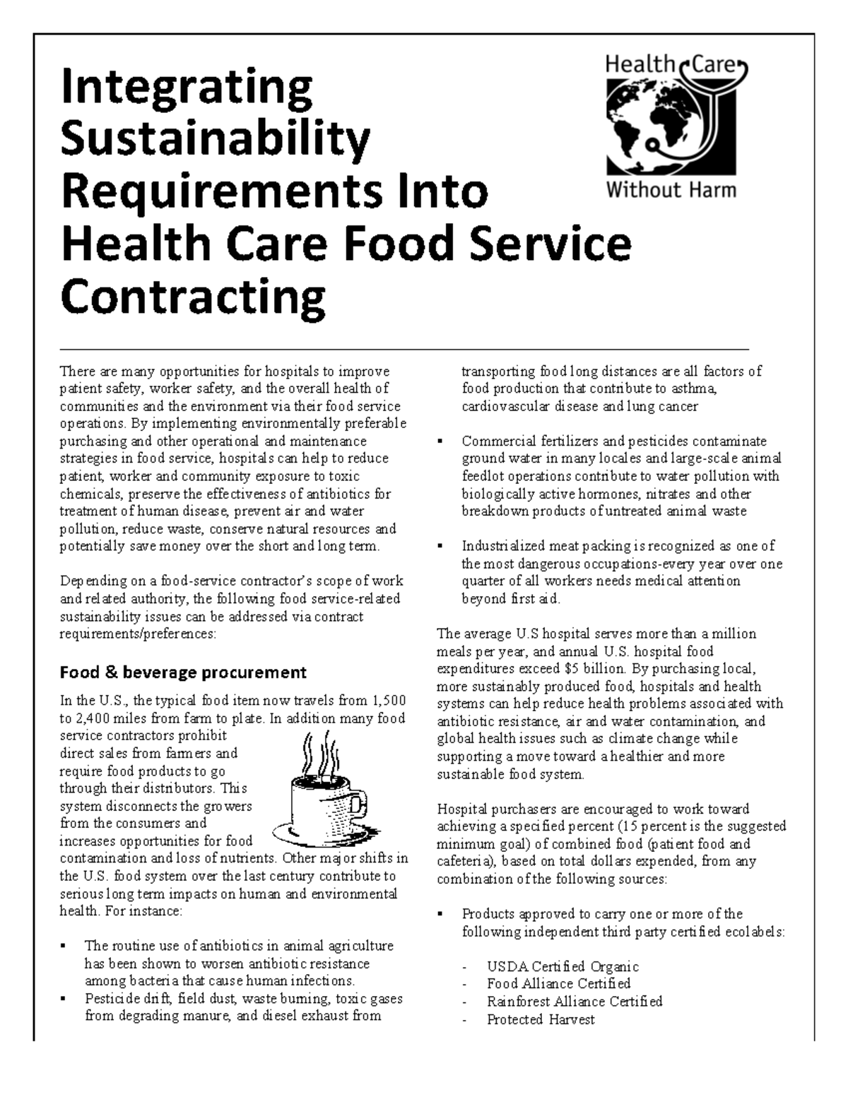 Integrating Sustainability Food Service Integrating Sustainability Requirements Into Health