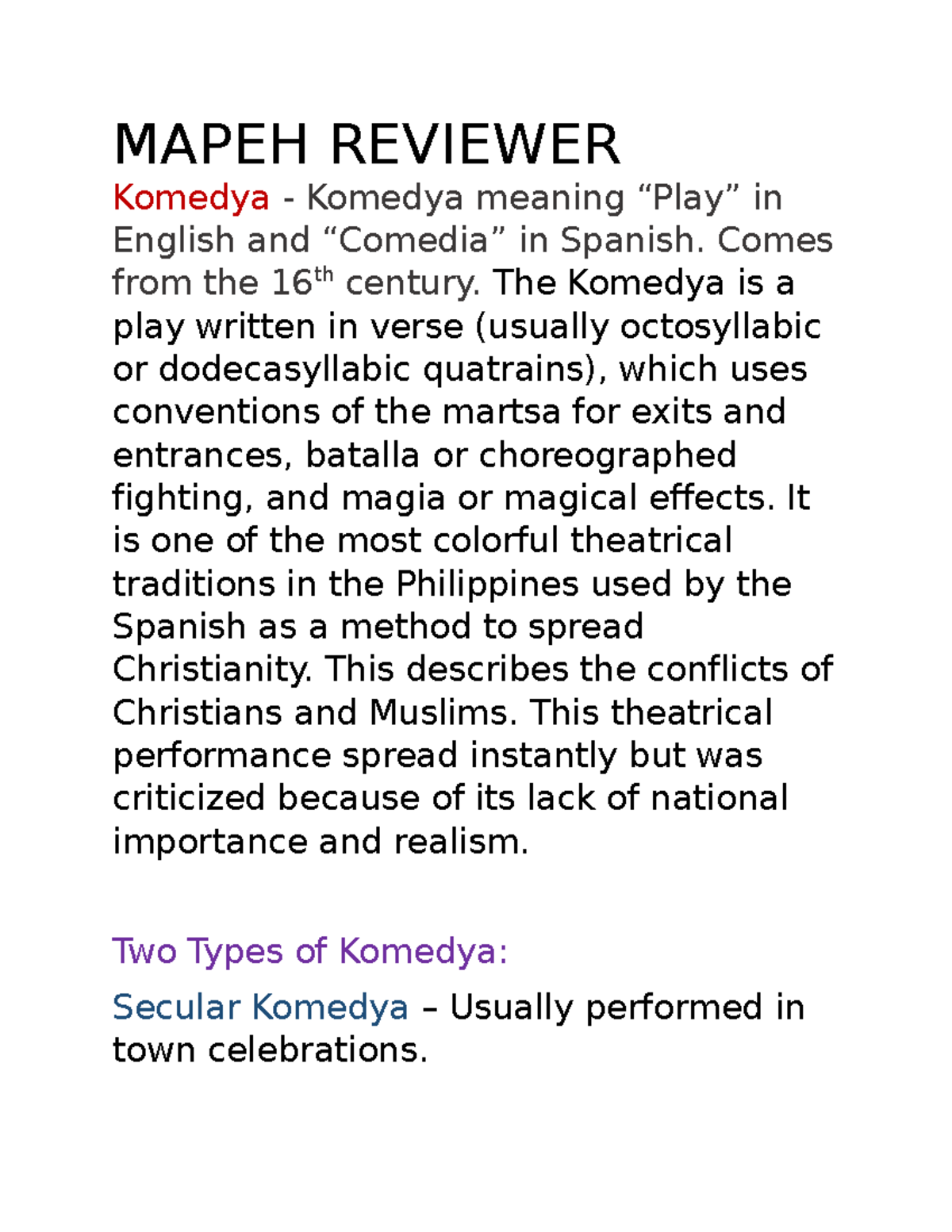 Mapeh Reviewer eeeeeeeeeeeee MAPEH REVIEWER Komedya Komedya