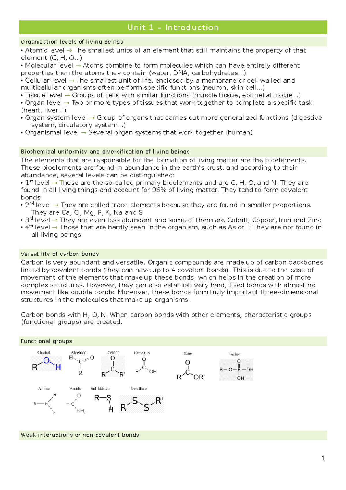 Unit 1 - Introduction - Biology Part 1, Biochemistry - Unit 1 ...