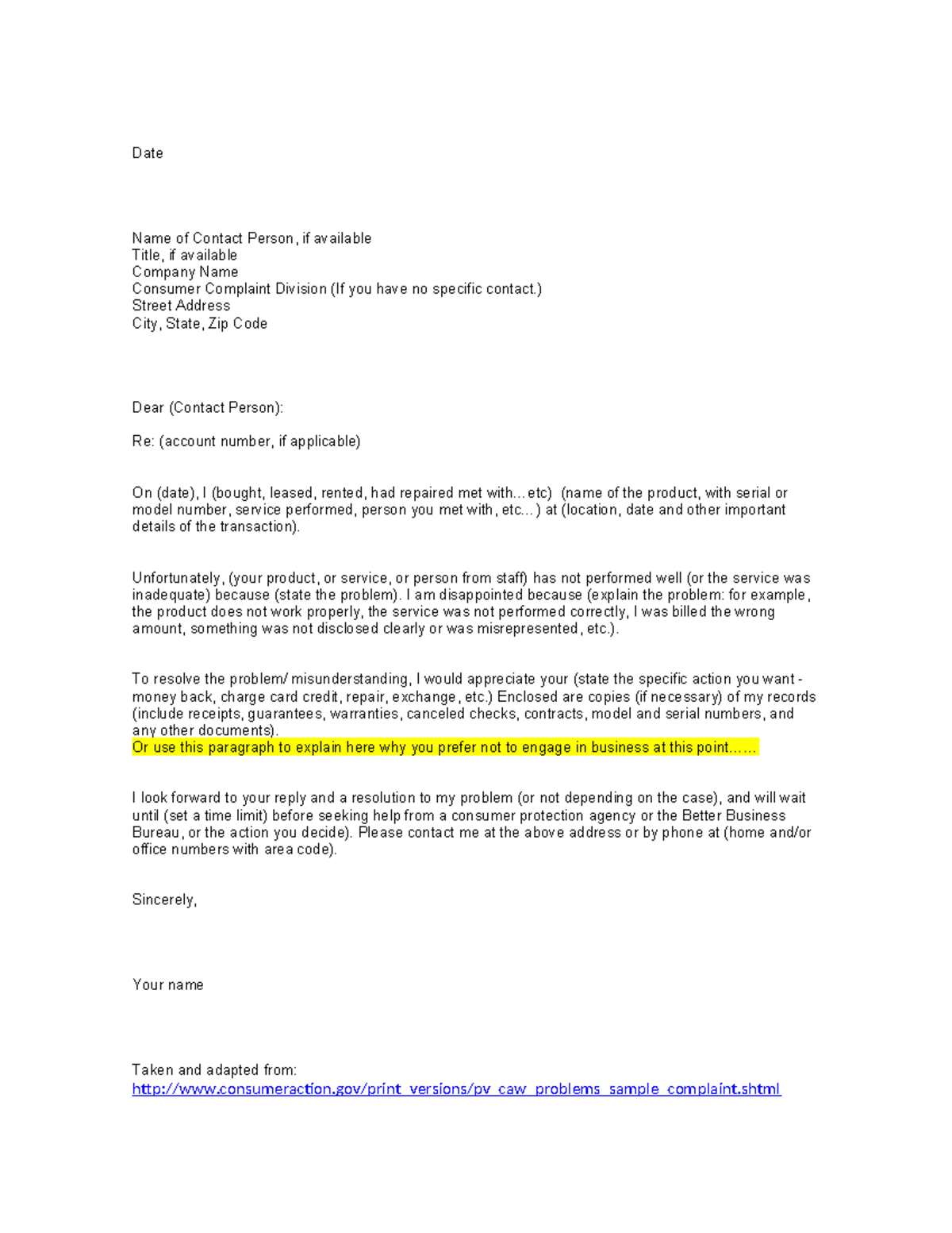 Session 24 Sample Letter Complaint - Date Name of Contact Person, if ...
