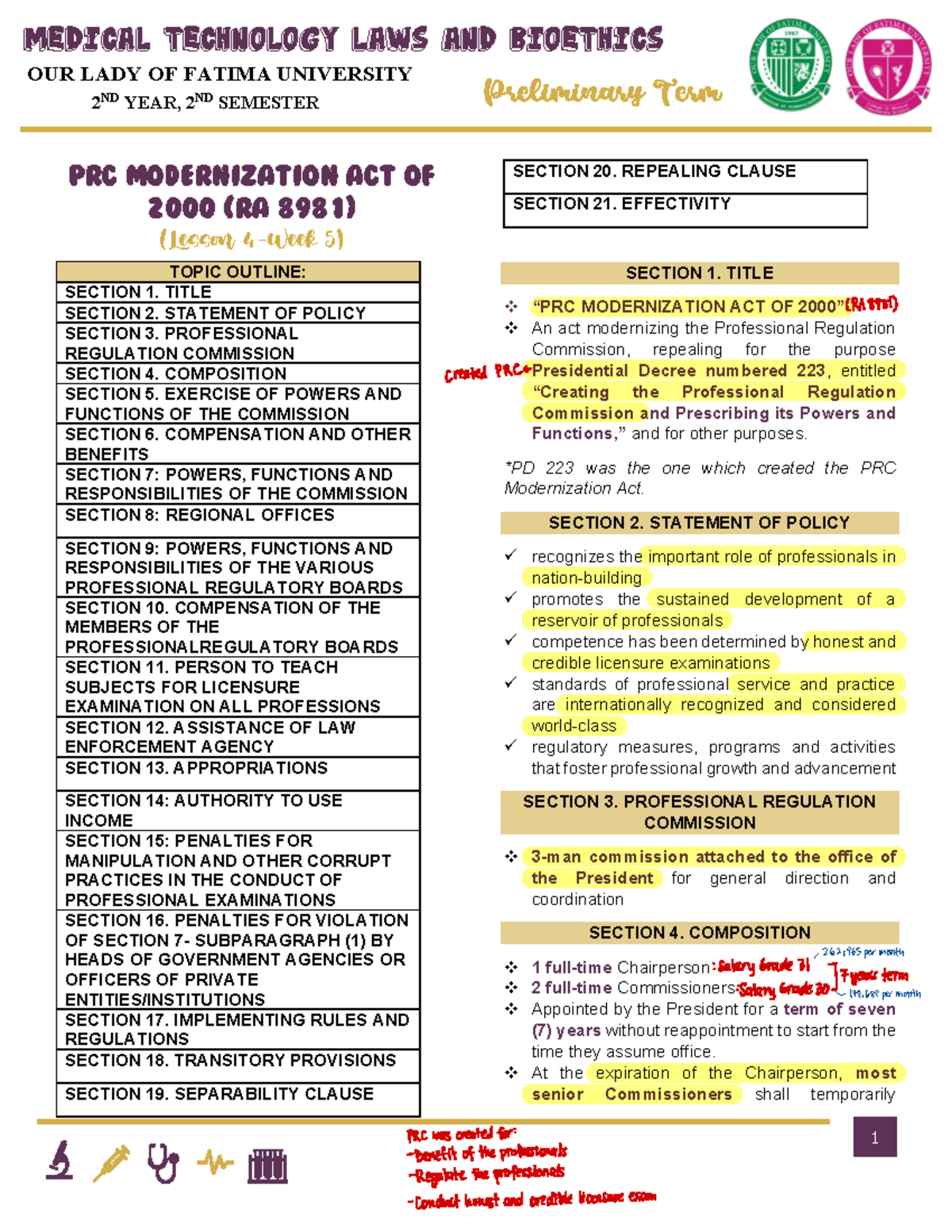 MTLB lecture notes - 1 MEDICAL TECHNOLOGY LAWS AND BIOETHICS ...