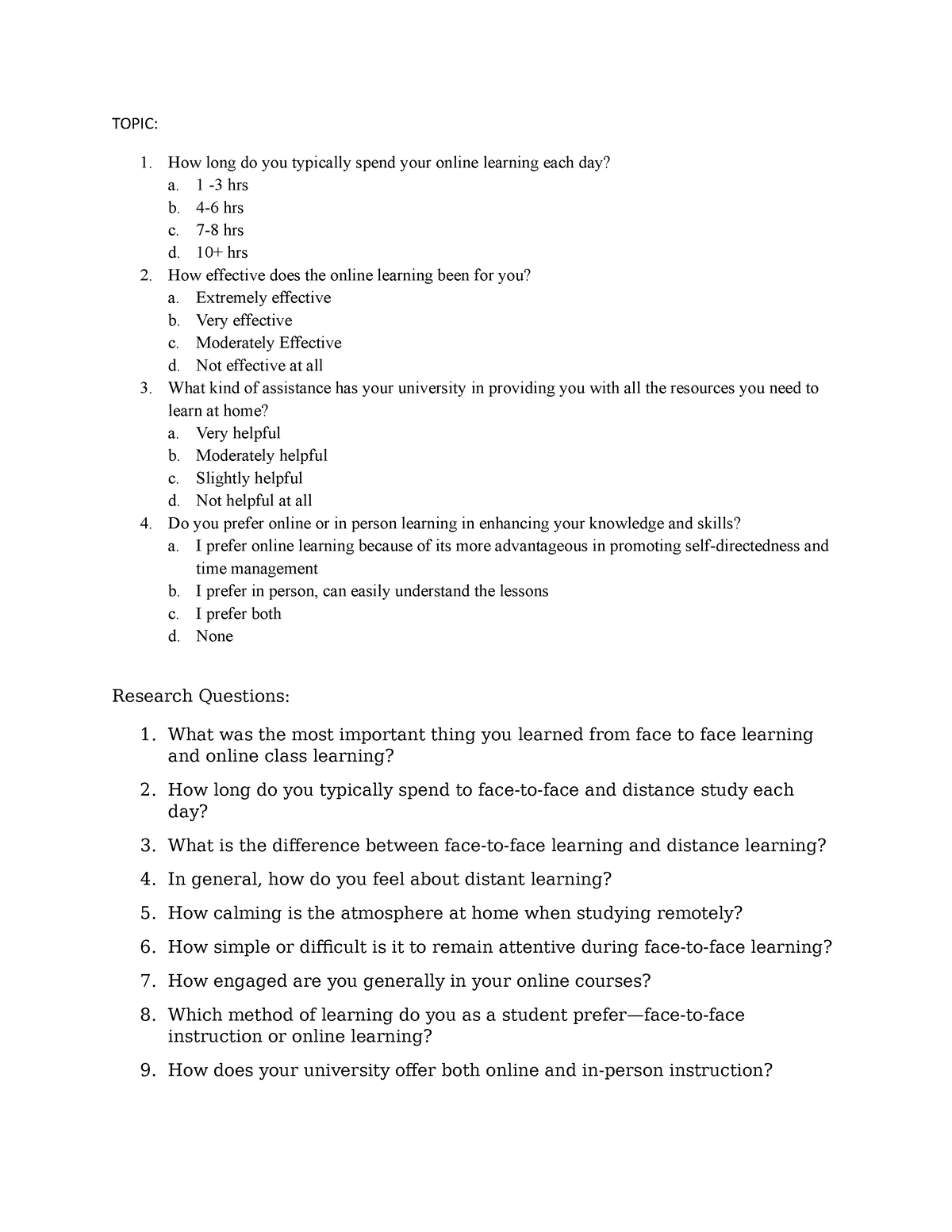 List of sample questions - TOPIC: How long do you typically spend your ...